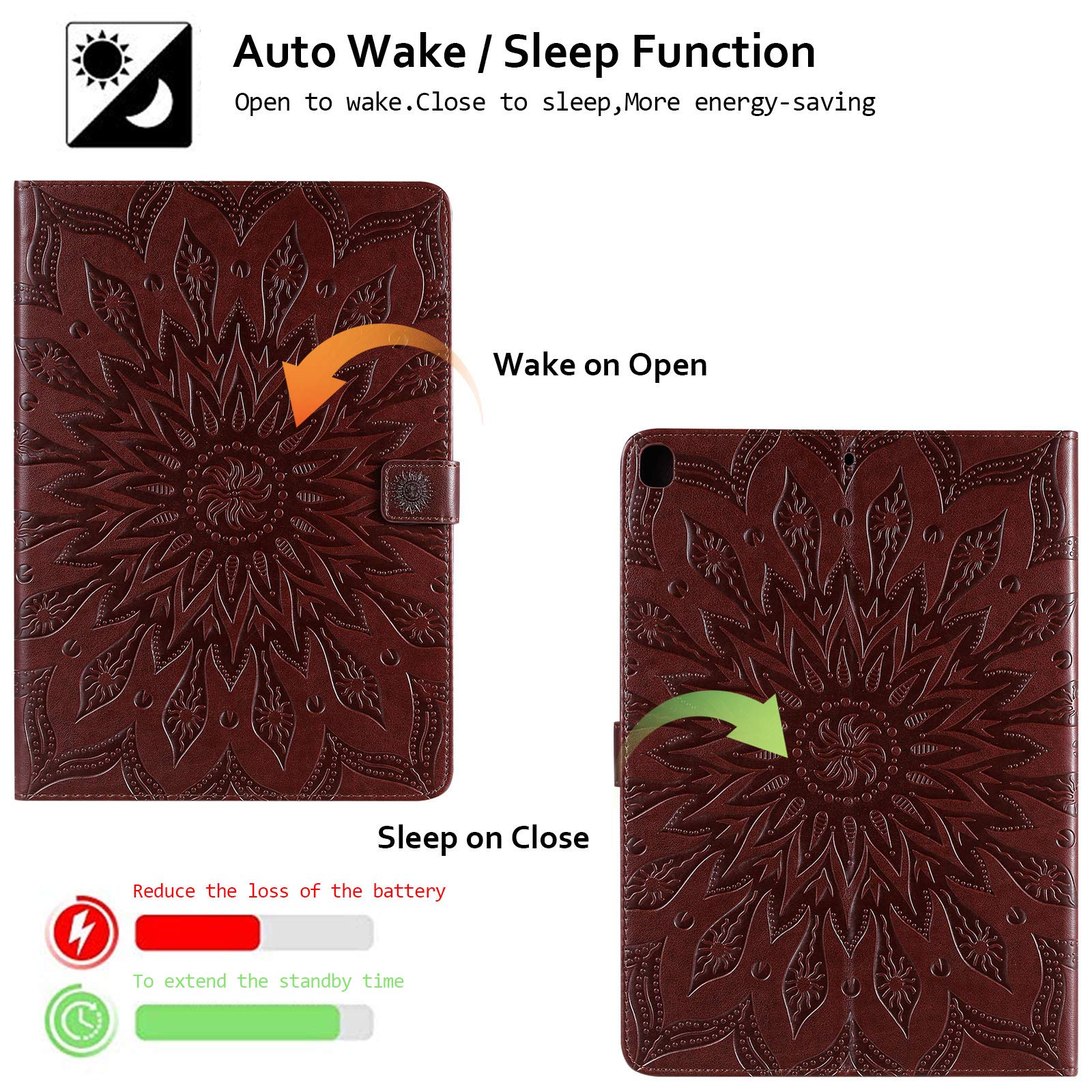 Premium PU Leather Folio Case for iPad 9th/7th/8th Generation - Sunflower Embossed Smart Cover with Auto Wake/Sleep, Card Slots & Money Pocket | Protective Wallet Stand for Work, Travel & Home Use (Brown)