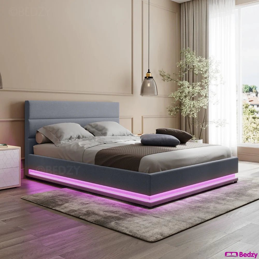 Henley Queen Size Gas Lift Storage Bed Frame with LED Lights - Grey Upholstered Platform Bed for Modern Bedroom, Guest Room, or Small Space