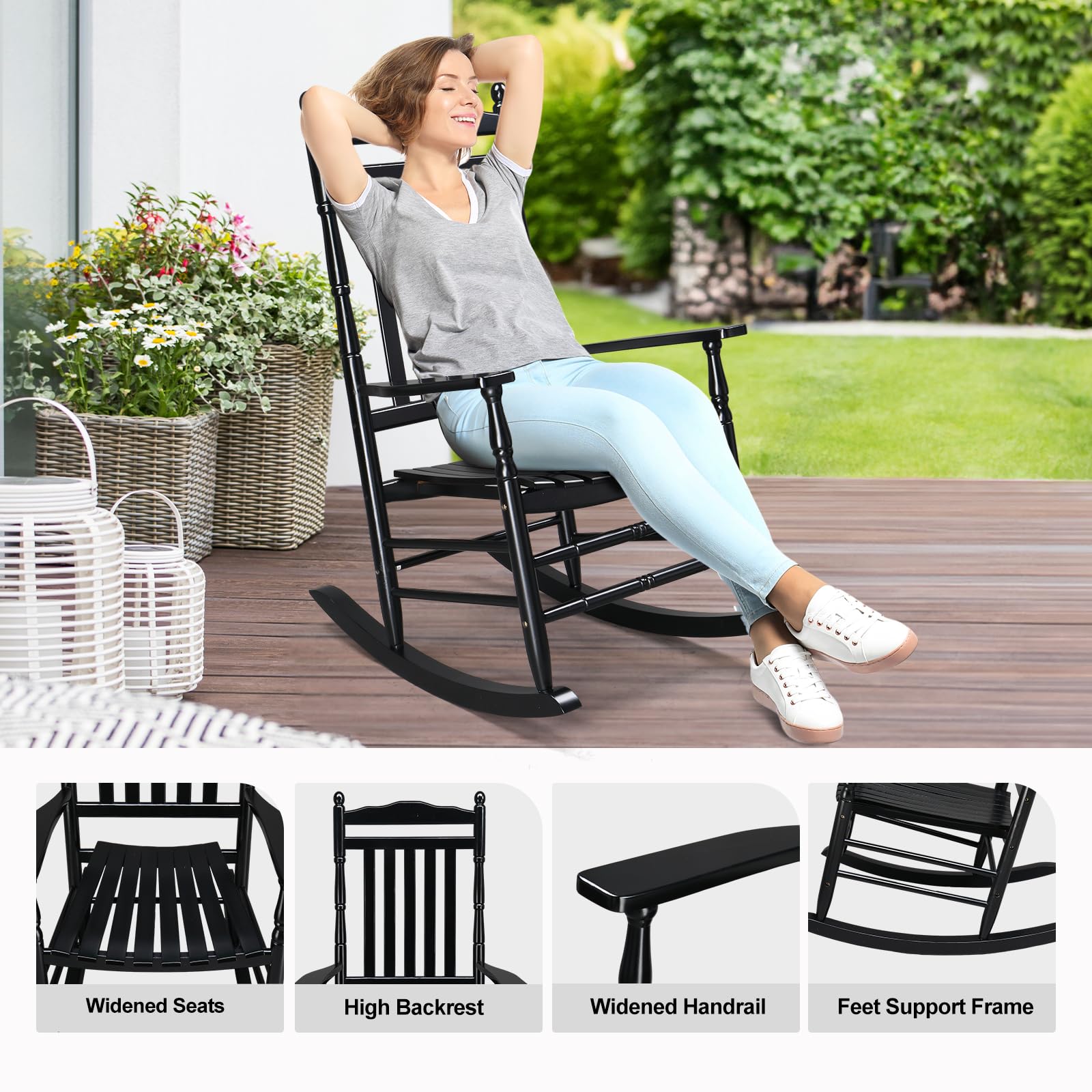 VINGLI Solid Wood Rocking Chair for Outdoor & Indoor Use - 450 lbs Weight Capacity, High Back Reclining Seat, Relaxing Rocker for Deck, Garden, Backyard, Porch - Perfect for Lounging, Reading & Relaxation (Black)