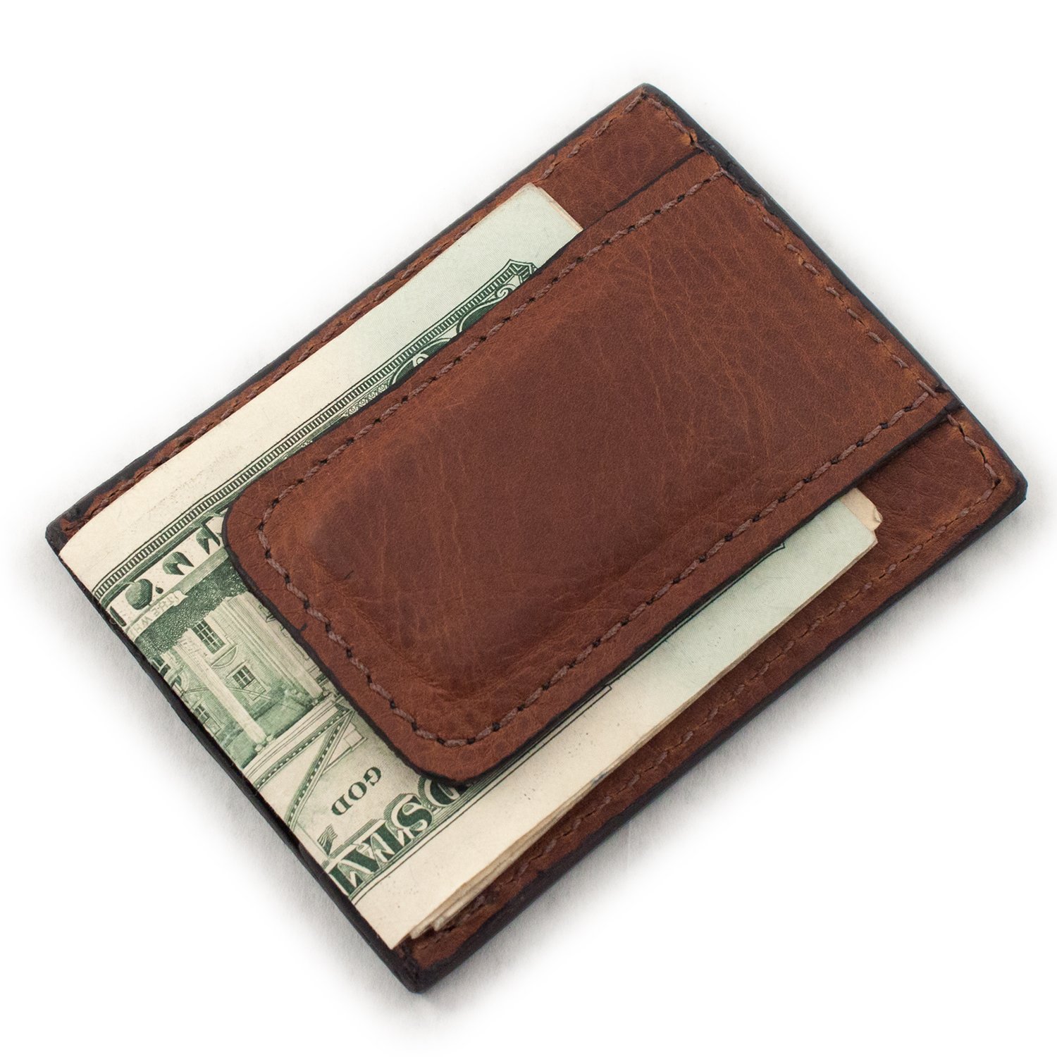 Genuine Brown Cowhide Leather Magnetic Money Clip & 3 Card Holder - Handmade in USA - Perfect for Men's Wallet, Cash Organizer & Everyday Carry Accessory