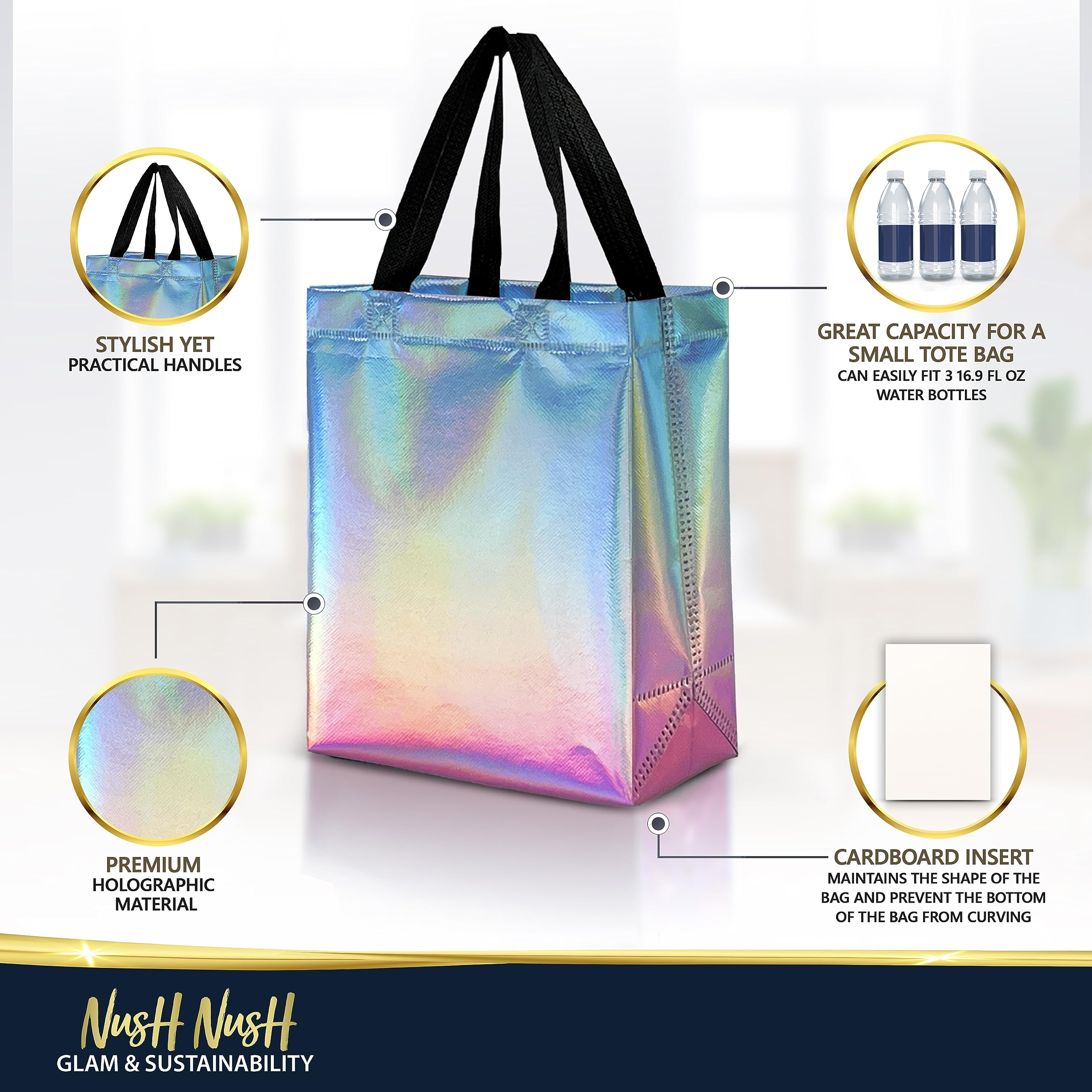 Nush Nush Gradient Reusable Gift Bags - Set of 12 Aqua to Pink Holographic Party Favor Bags (8x4x10 Inches) - Perfect for Birthday Parties, Baby Showers, Wedding Favors & Holiday Gift Wrapping