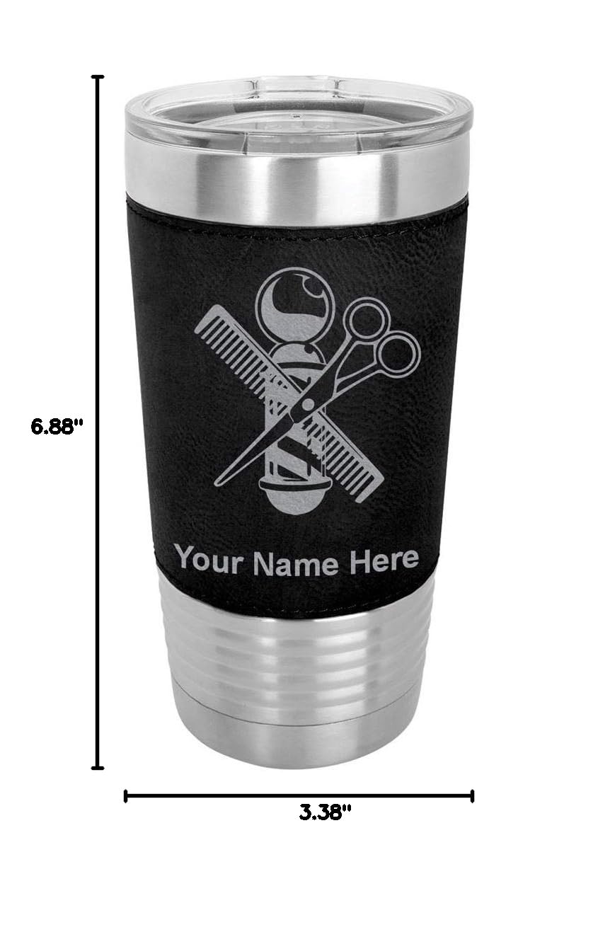 LaserGram 20oz Vacuum Insulated Stainless Steel Tumbler Mug with Barber Shop Pole Design - Personalized Engraving, Faux Leather Handle, Black - Perfect for Coffee, Tea & Cold Drinks at Work, Gym or Travel
