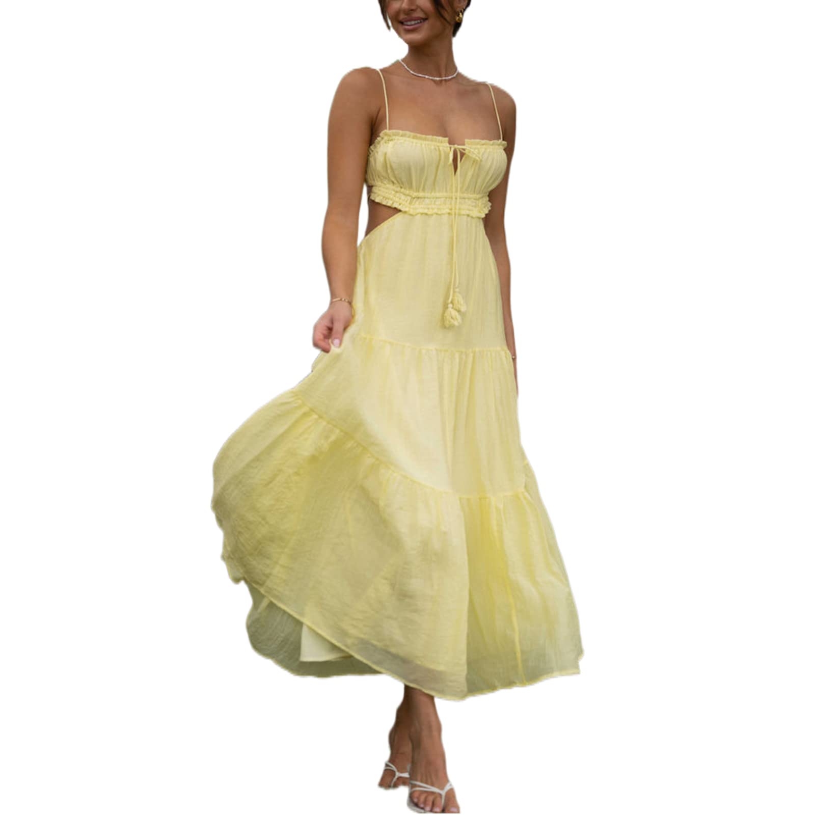 Yuemengxuan Women's Backless Mini Dress - A-Line Fairy Summer Dress with Spaghetti Straps & Ruffle Ruched Design | Flowy Sun Dress for Beach, Party & Date Night | 2025 Fashion Trend