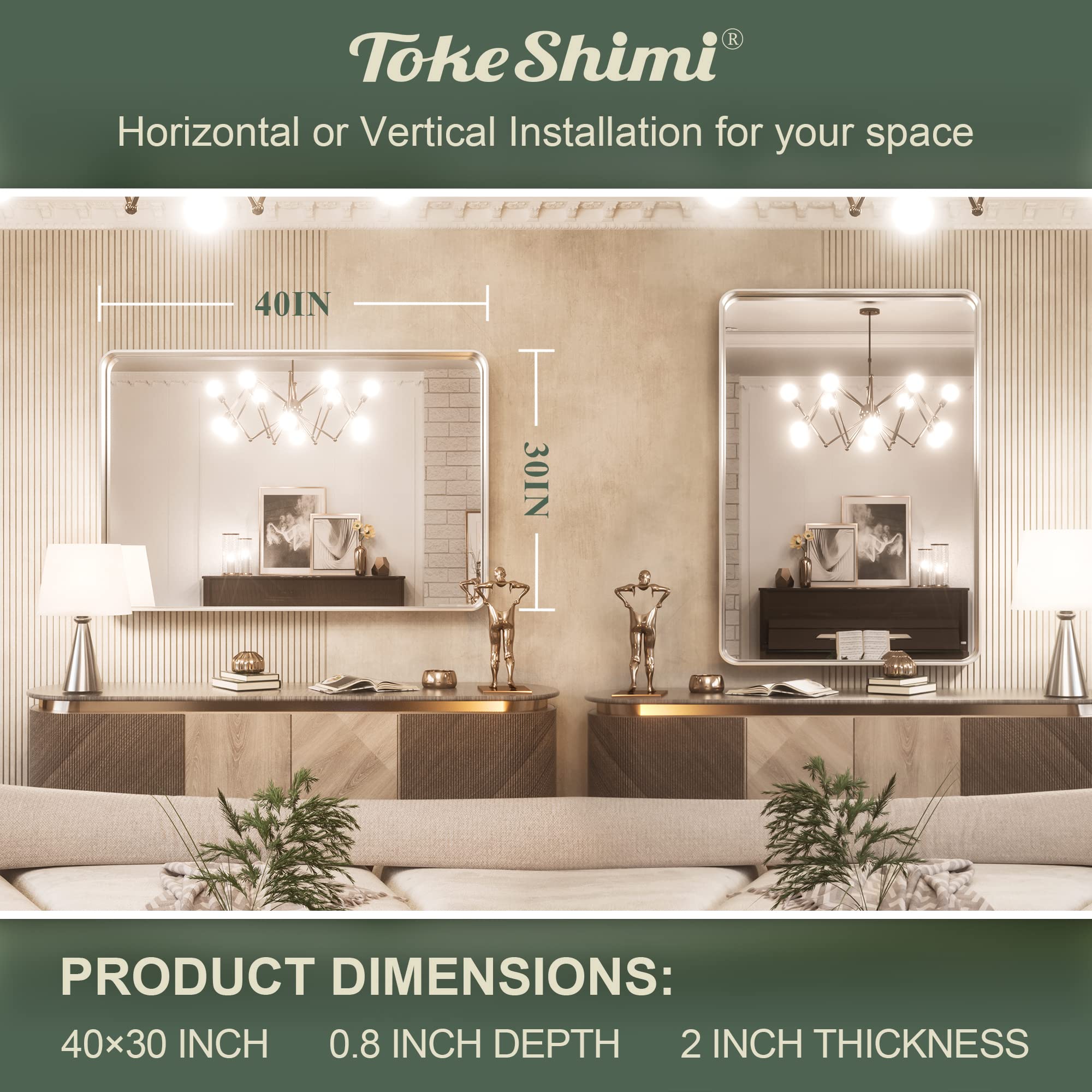 TokeShimi 40x30 Inch Brushed Silver Rectangle Bathroom Mirror with Brass Metal Frame - Rounded Corner, Deep Set Design - Horizontal or Vertical Hanging - Perfect for Vanity, Powder Room, and Modern Bathroom Decor