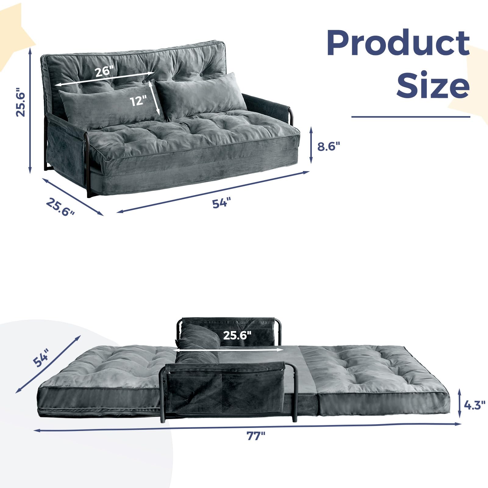 MAXYOYO Adjustable Floor Sofa Couch - Velvet Convertible Lazy Sofa Sleeper Bed with Pillows & Armrest, Double Size in Dark Grey | Perfect for Small Spaces, Living Rooms & Guest Beds