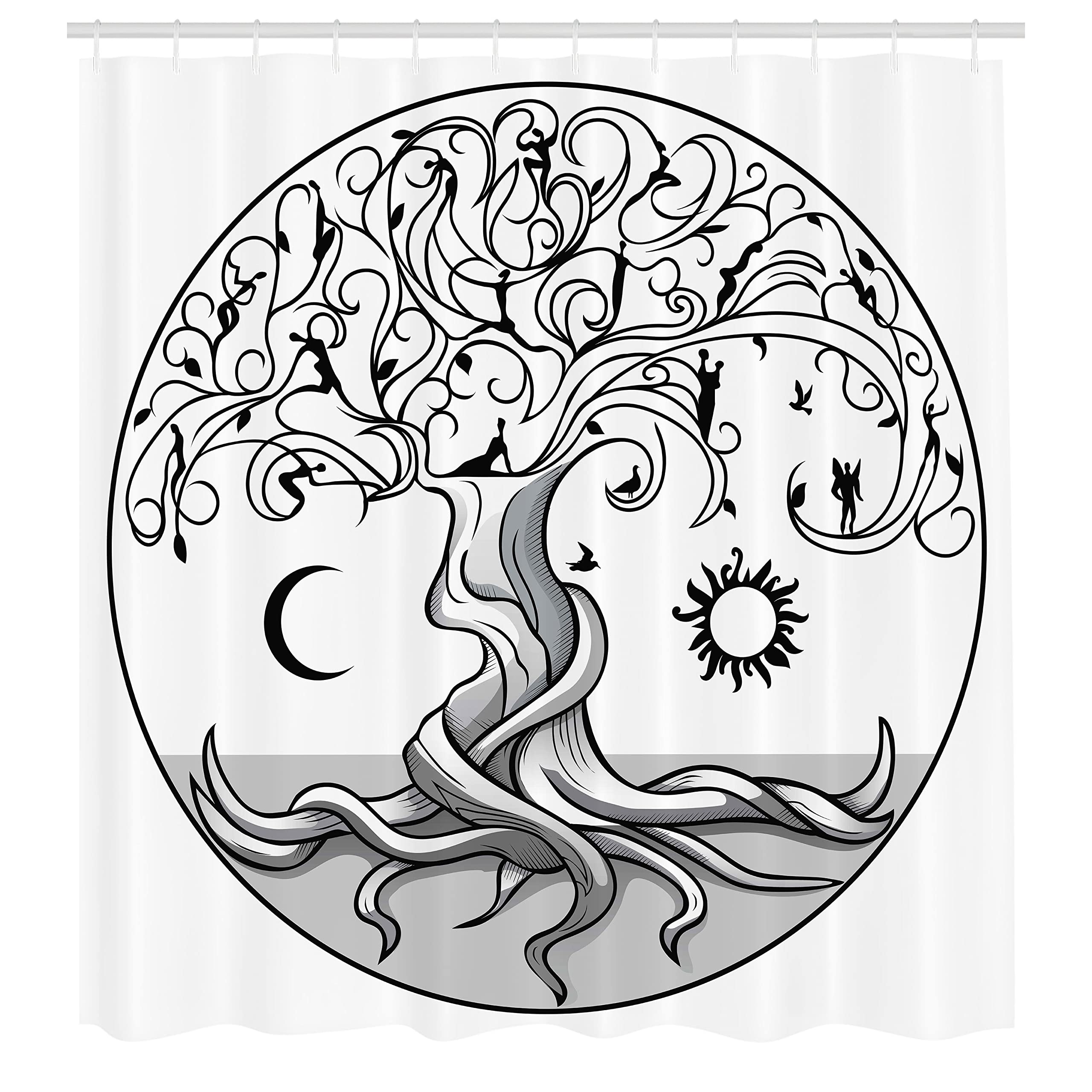 Lunarable Sun and Moon Shower Curtain - Tree of Life with Swirling Branches & Angels, 69x70 Inch Black White Grey Bathroom Decor Set with Hooks | Waterproof Fabric for Modern, Bohemian & Gothic Bathroom Styles