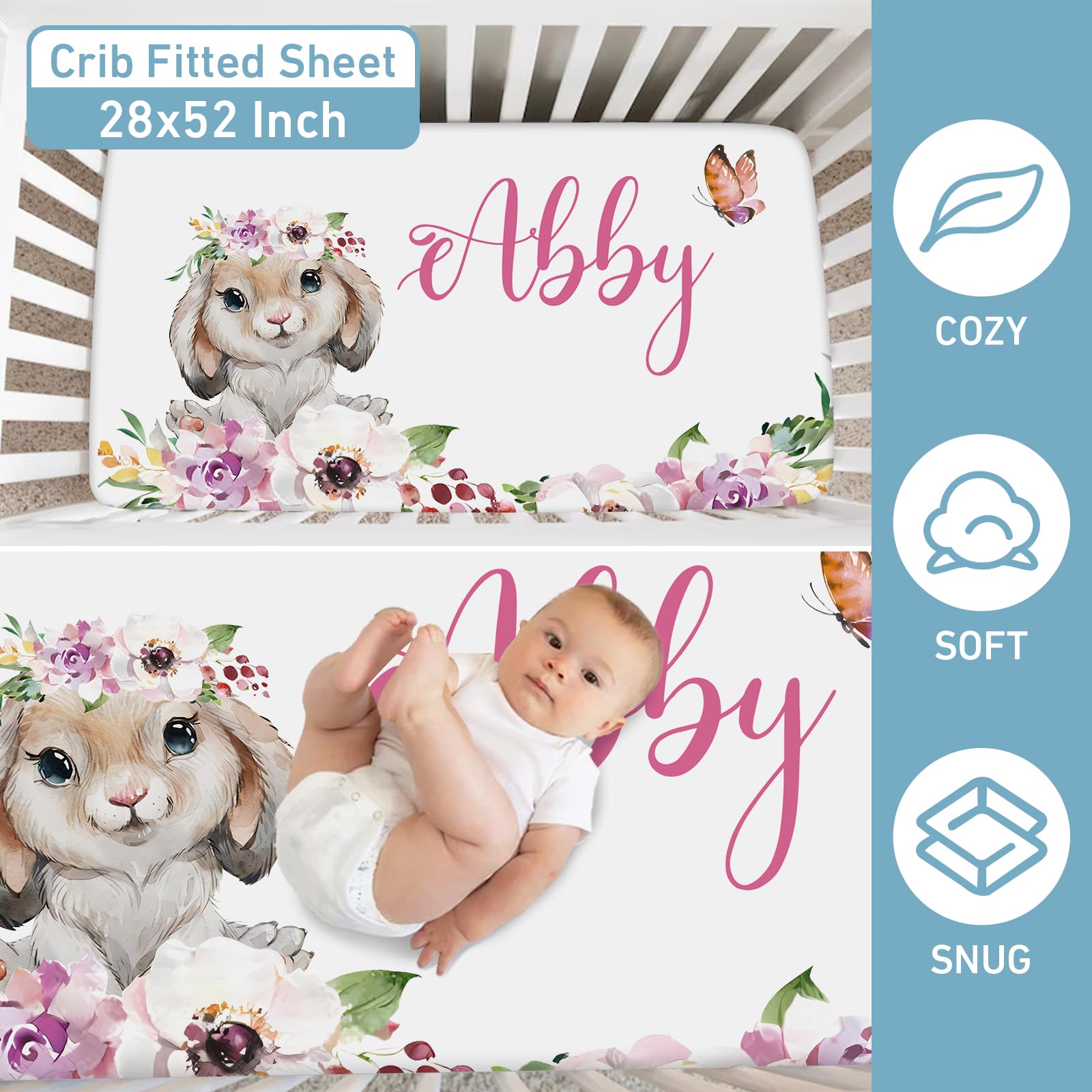 Lanleay Personalized Baby Girl & Boy Crib Bedding Set - 5 Piece White Rabbit Nursery Set with Custom Name, Tummy Time Mat | Soft Infant Bedding for Newborns & Toddlers | Perfect Baby Shower Gift & Nursery Decor