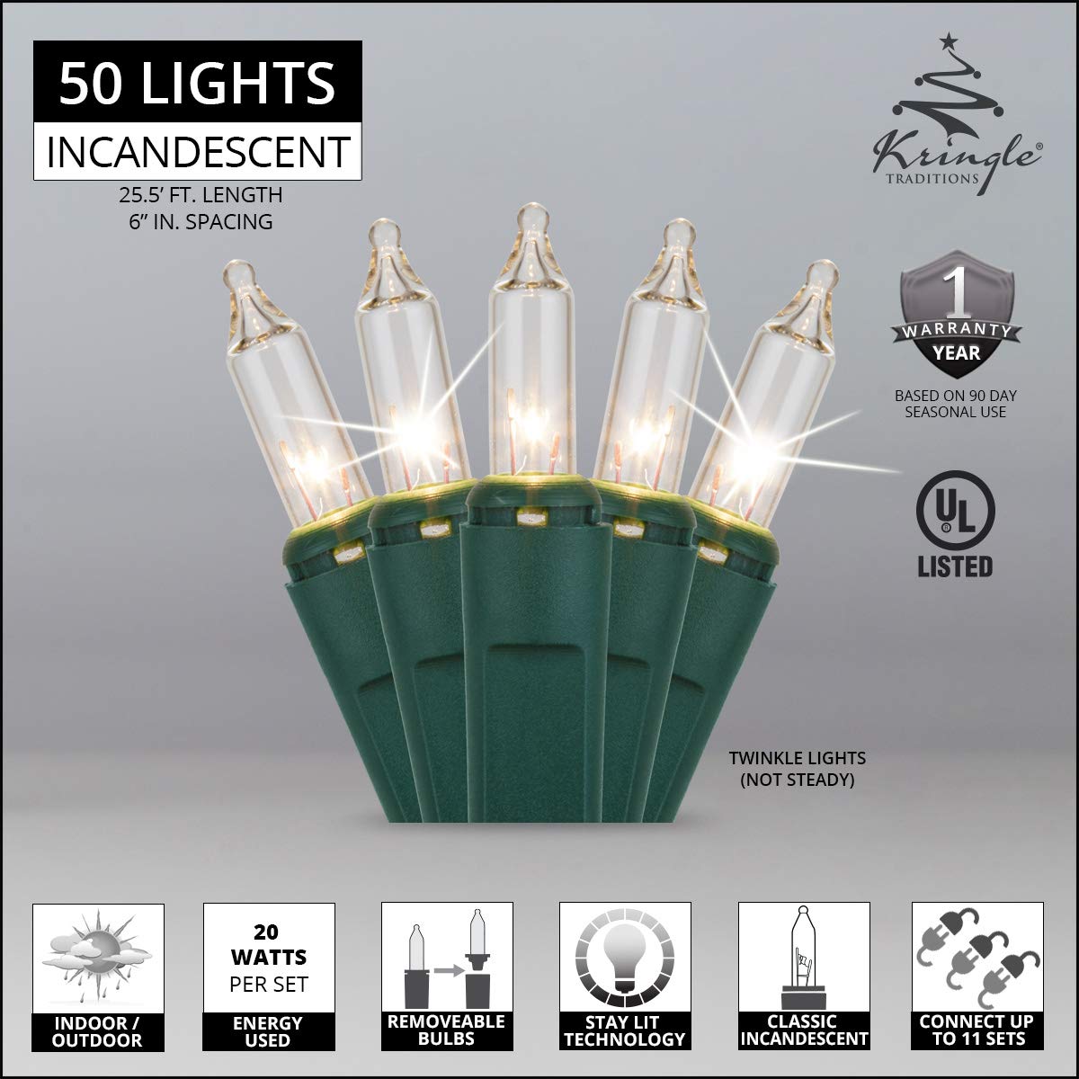25.5ft Clear-White Incandescent Mini Christmas String Lights - 50 LED Twinkle Lights with 6