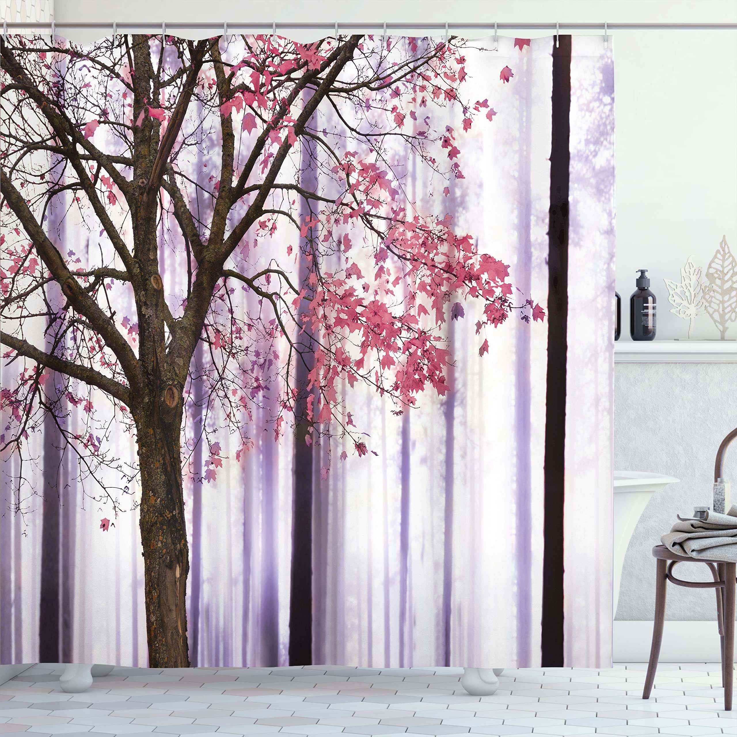 Ambesonne Autumn Shower Curtain - Lonely Tree Leaves Abstract Woodland Print, 69x84 Inch Waterproof Fabric Bathroom Decor with Hooks, Lilac Pink | Perfect for Fall Bathroom Makeover, Seasonal Home Decor & Cozy Autumn Atmosphere