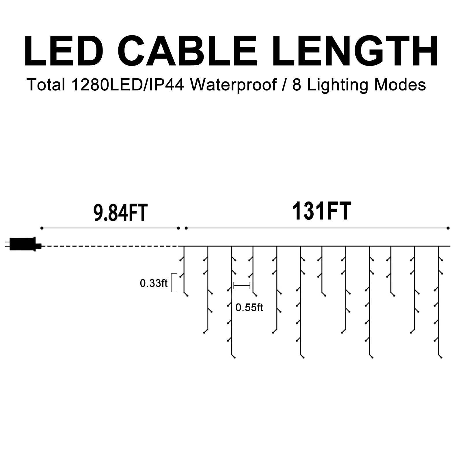 131FT 1280 LED Outdoor Christmas Lights with 240 Drops - IP44 Waterproof Ice String Lights, 8 Lighting Modes & Timer Memory Function - Perfect for Holiday Yard Decor, House Parties, and Winter Weddings (Cool White)
