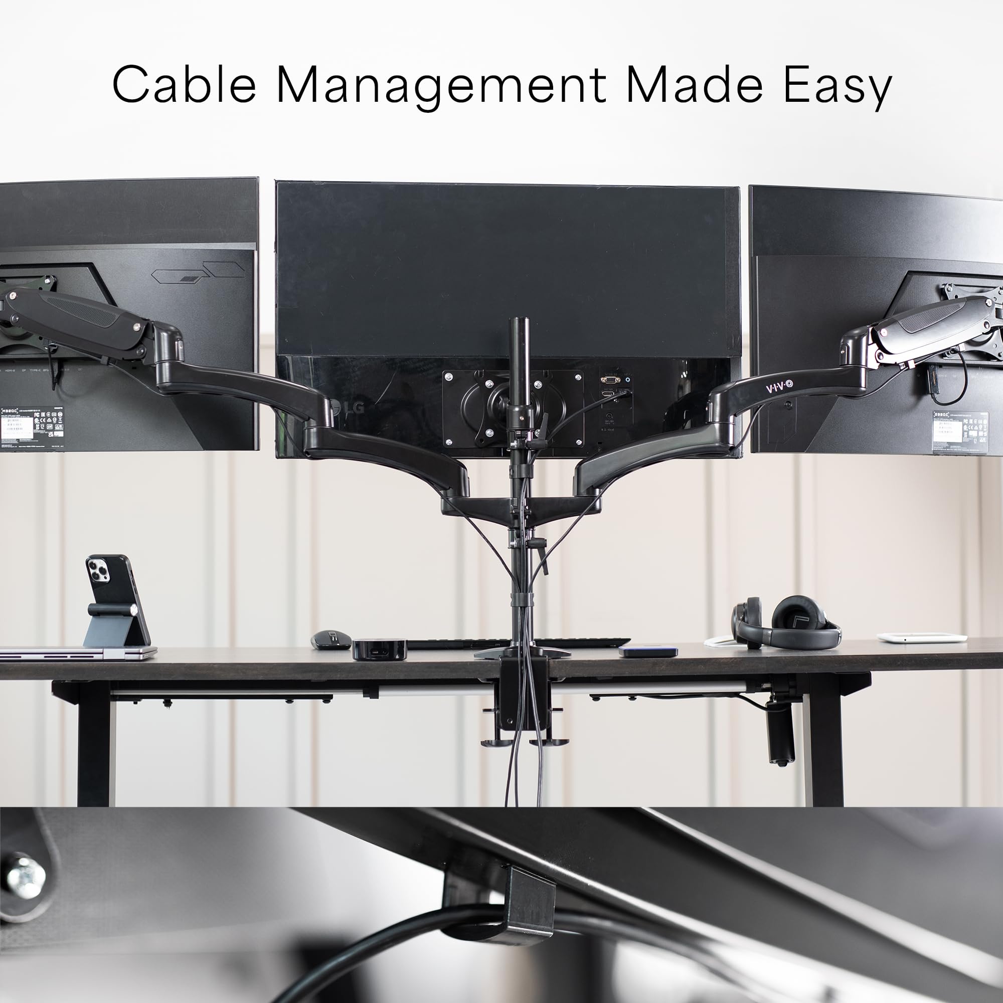 VIVO Triple Monitor Stand for 3 Screens up to 32 inches, Heavy Duty Fully Adjustable Desk Mount with C-Clamp and Grommet Base - Black (STAND-V300G) | Perfect for Home Office, Gaming Setup, and Multi-Screen Workstations