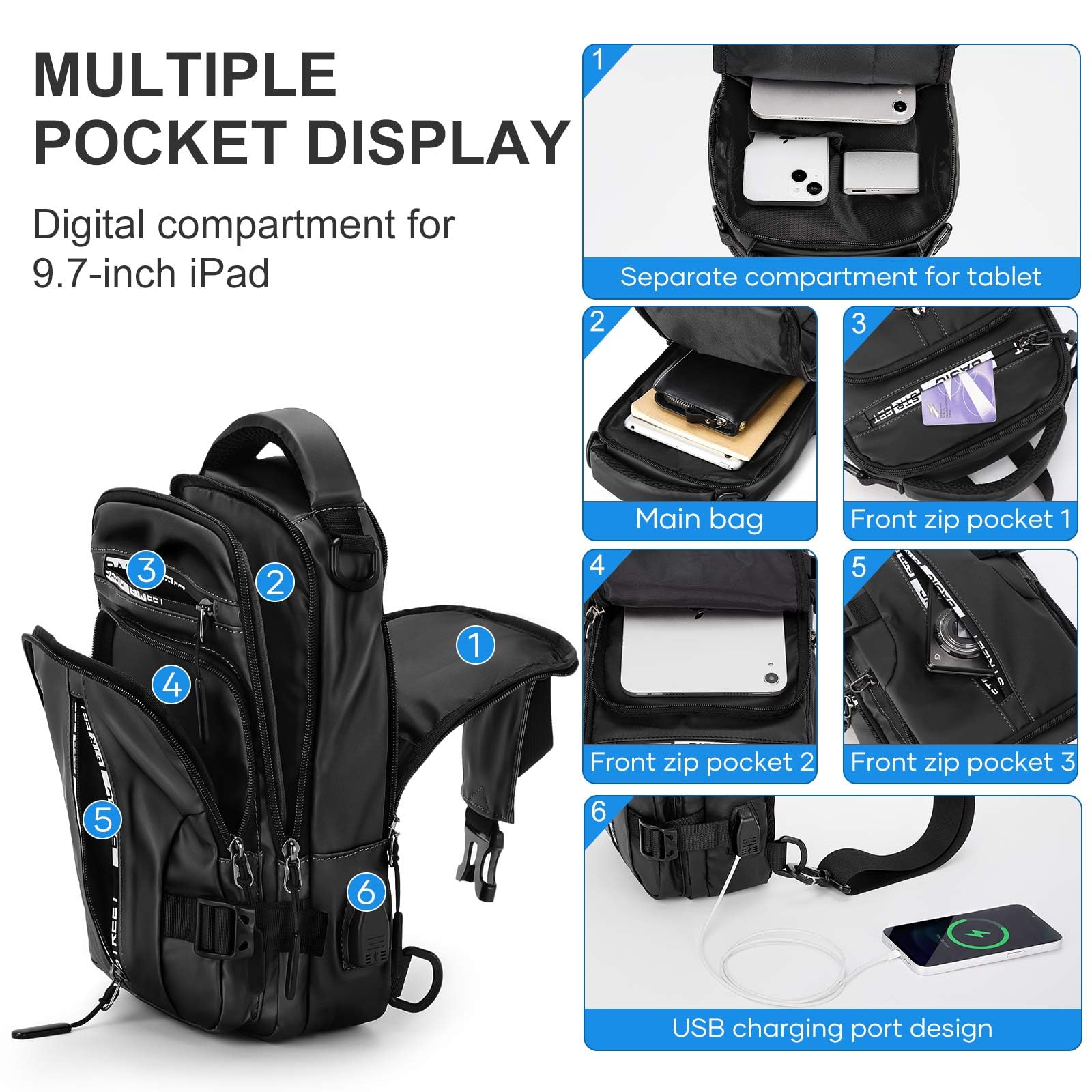 Large Black Sling Bag for Men & Women - Anti-Theft Crossbody Backpack with USB Port for Travel, Hiking, Gym & Outdoor Sports | Perfect for Motorcycle Riding, Casual Use & Daily Commute