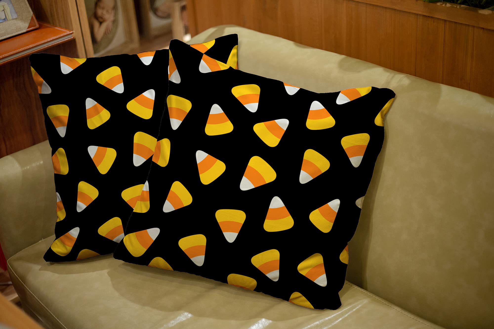 EMMTEEY Halloween Throw Pillow Covers Set of 2 - 16x16 Inch Candy Corn Print Decorative Pillowcases for Couch, Sofa, Bedroom - Spooky Holiday Home Decor for Halloween Party & Fall Season