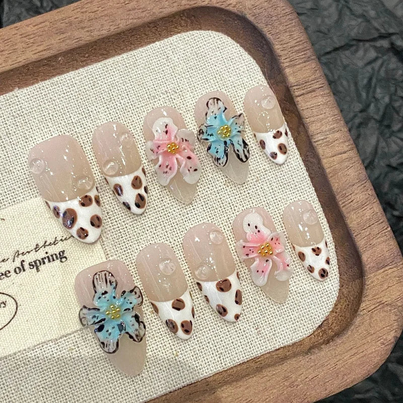 10Pcs Almond Press on Nails - Leopard Print & 3D Flower French Fake Nails - Artificial Acrylic Manicure Tips for Women - Perfect for Parties, Weddings & Daily Beauty Wear