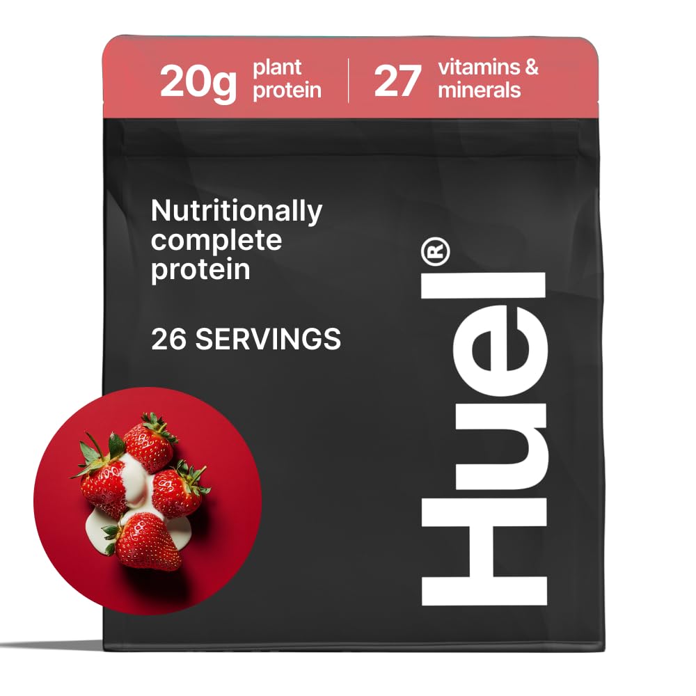 Huel Vegan Protein Powder - Strawberry Flavor | 20g Plant-Based Protein per Serving | Complete Nutrition with 27 Vitamins & Minerals | Gluten Free, Non-GMO, Lactose Free (26 Servings) | Perfect for Smoothies, Post-Workout Recovery & Meal Replacement