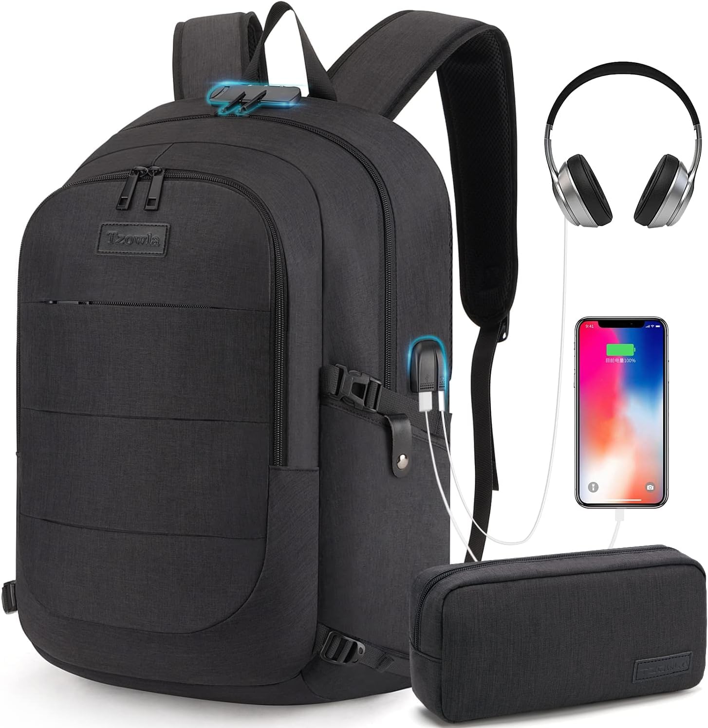 Tzowla Anti-Theft Laptop Backpack for Men & Women - Water Resistant USB Charging Bookbag for Travel, Work & College - Fits 14.3/15.6 Inch Laptops - Perfect for Commuting, Business Trips & School Accessories