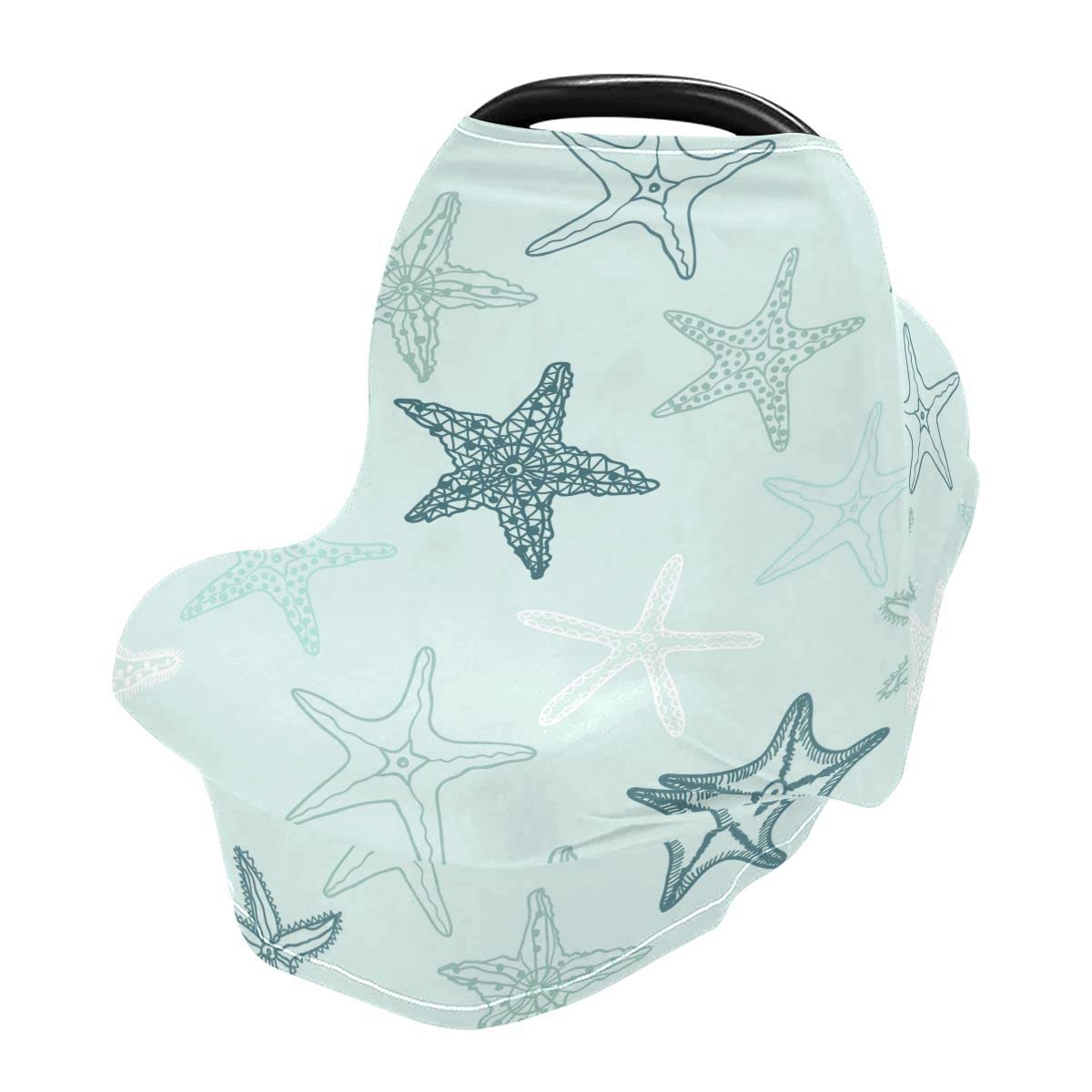 Multi-Purpose Baby Car Seat Canopy & Nursing Cover - Breathable Stroller and Car Seat Cover, Breastfeeding Shawl for Boys & Girls, Blue Starfish Design - Perfect for Travel, Shopping, and Outdoor Activities