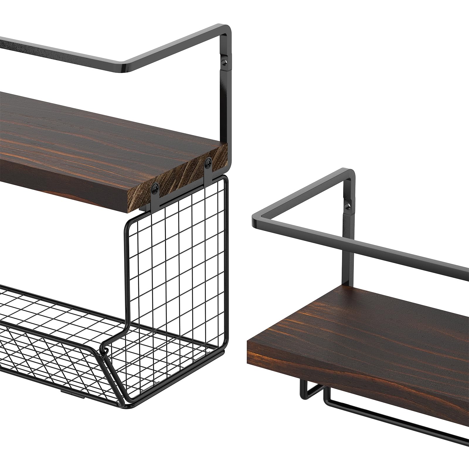 2-Pack Wall Mounted Wine Rack with Mesh Basket & Glass Holder - Rustic Brown Wine Bottle Storage Shelf for Kitchen, Dining Room, Bar Decor - Perfect for Organizing Wine Collections & Displaying Favorite Bottles