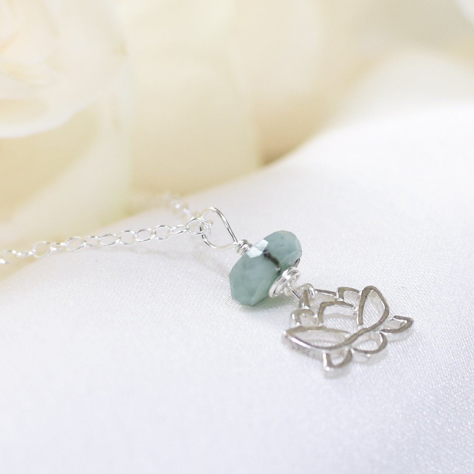 Emerald Bead Lotus Charm Necklace - Sterling Silver Jewelry for Women, Gift for Her, Birthday, Anniversary, Wedding, Party & Special Occasions