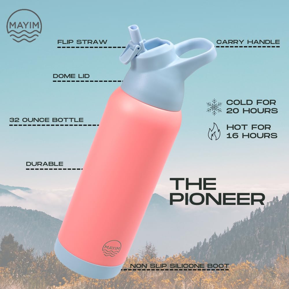MAYIM 32oz Insulated Stainless Steel Water Bottle with Straw & Handle - Leakproof for Gym, Office, Travel