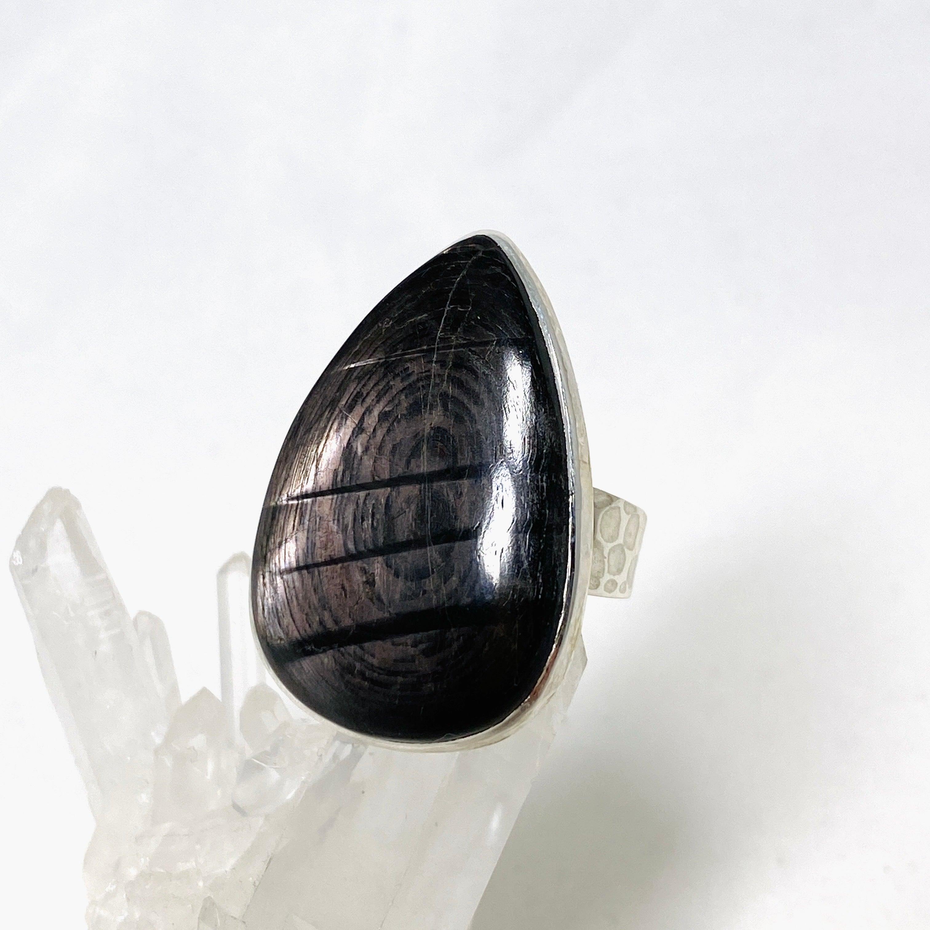 Hypersthene Teardrop Hammered Band Ring - Size 10 - KRGJ3151 | Handmade Boho Jewelry for Women, Gift for Her, Wedding, Anniversary & Everyday Wear