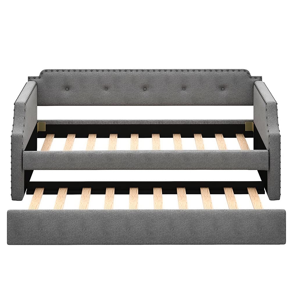 Twin Size Trundle Daybed with Upholstered Tufted Design - Wood Slat Support Sofa Bed Frame, No Box Spring Needed (Gray) - Perfect for Guest Rooms, Small Apartments & Multi-Functional Living Spaces