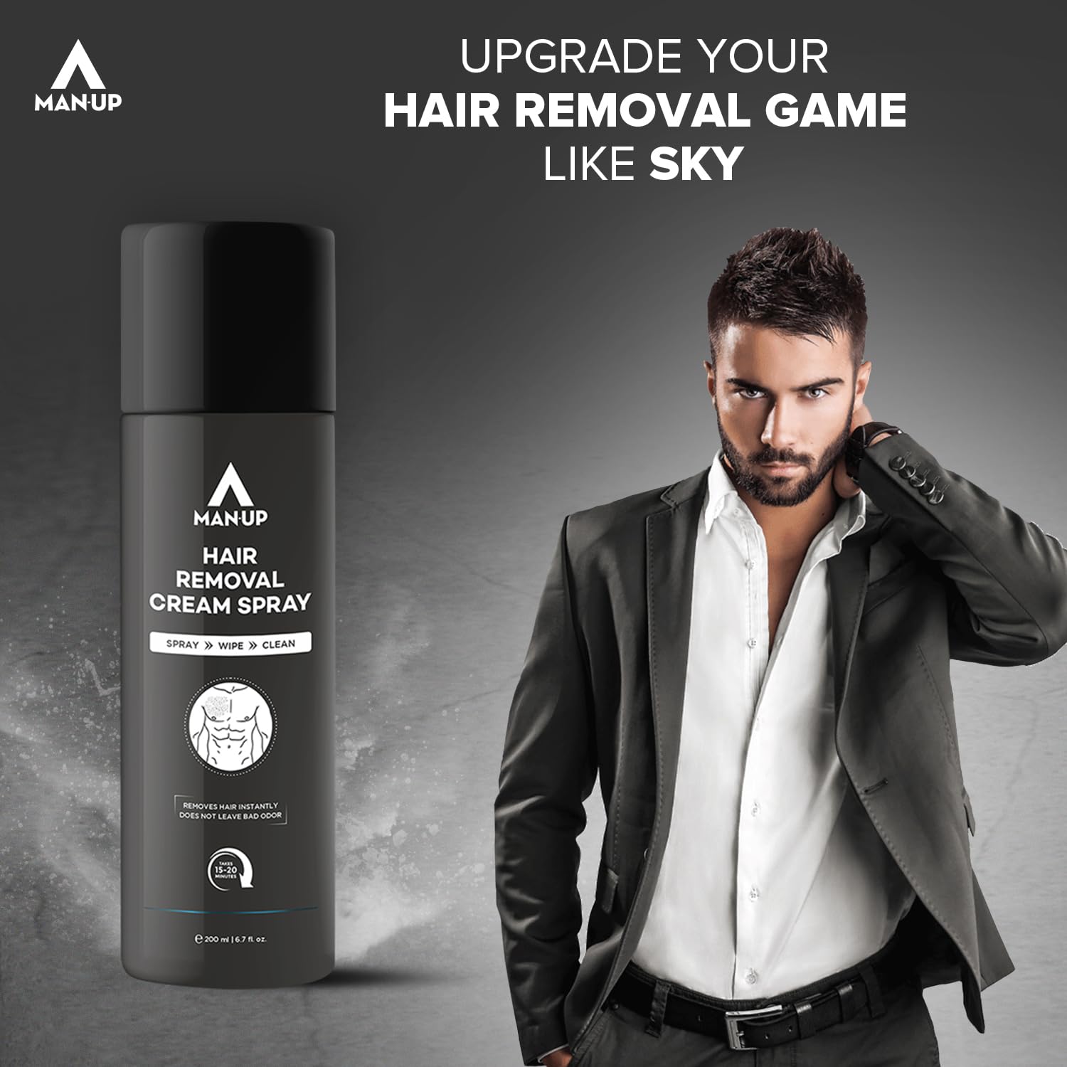Man-Up Hair Removal Spray | Painless & Fast Hair Remover for Men | Chest, Back, Armpits, Legs, Arms & Bikini Area | Gentle Formula with Pleasant Fragrance | 200ml | Ideal for Gym, Beach & Daily Grooming