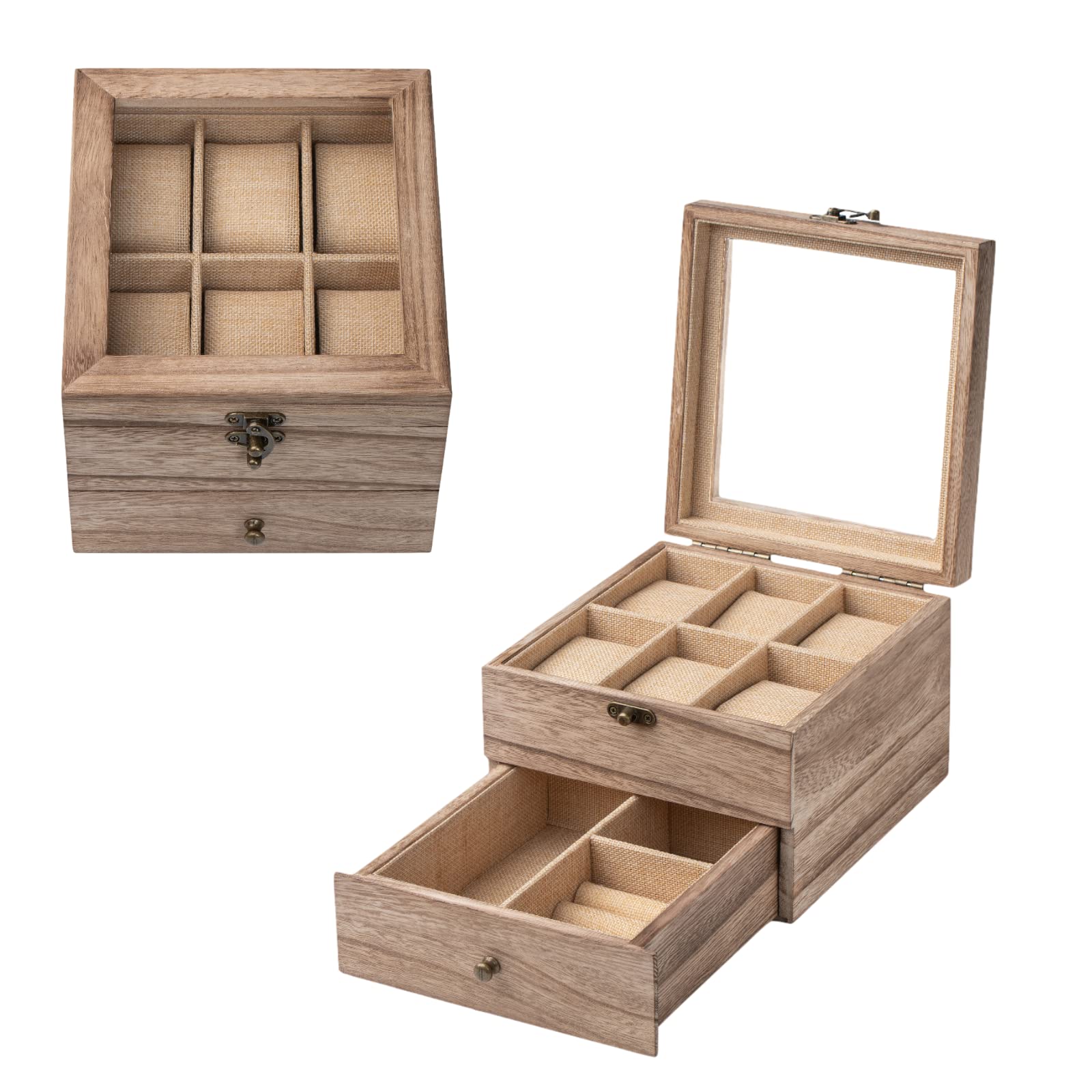 Premium Wooden Watch Box with Large Glass Lid - 2 Layers & 6 Slots Watch Display Case for Men & Women - Perfect for Watch Collection Storage, Gift Presentation & Travel Organization