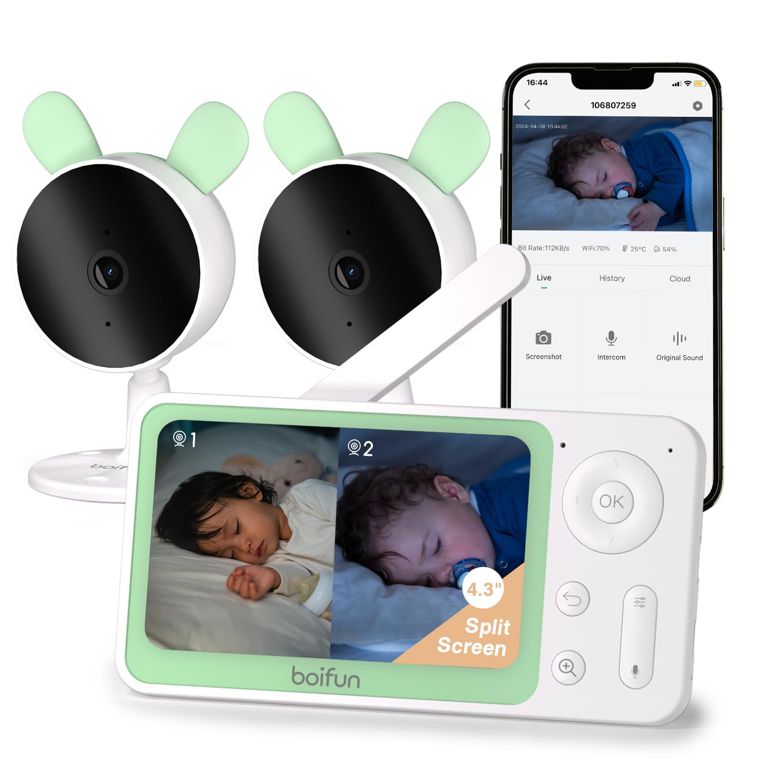 BOIFUN 1080P HD WiFi Baby Monitor with Split Screen, 2 Cameras & Smartphone App - AI Motion/Sound Detection, 4.3
