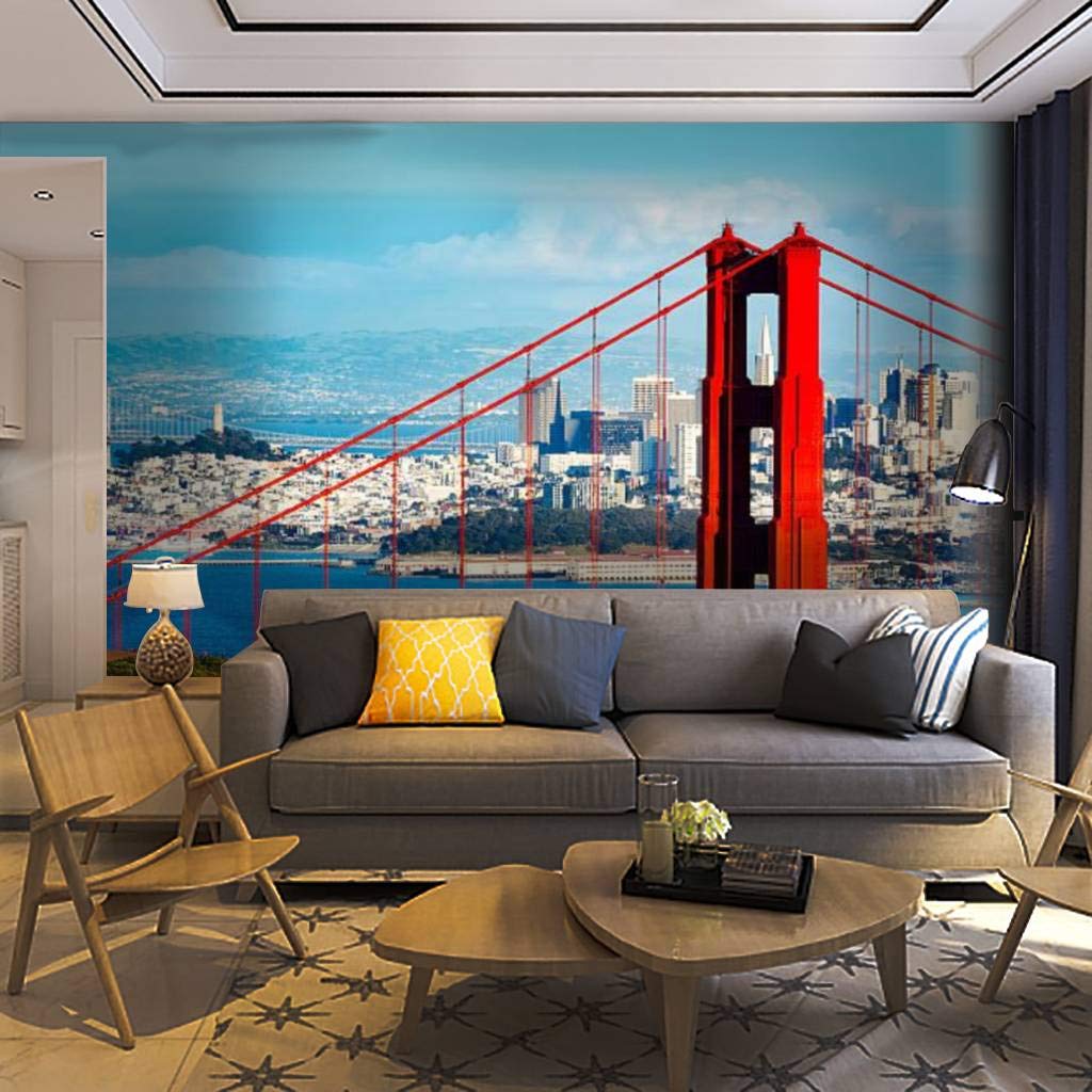 Golden Gate Bridge & San Francisco Cityscape Wall Mural - 3XL Self-Adhesive Removable Peel & Stick Wallpaper - Home Decor for Living Room, Bedroom, Office - Easy DIY Wall Decal & Poster Sticker for Modern Interior Design