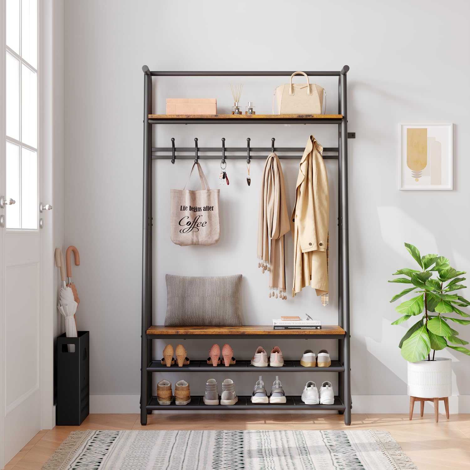 GARVEE 4-in-1 Hall Tree Coat Rack with Shoe Bench - Wood Look Accent Entryway Organizer, Steel Frame with Storage Shelf & Hanging Bar - Industrial Rustic Brown & Black - Perfect for Mudroom, Foyer & Small Space Entry Organization