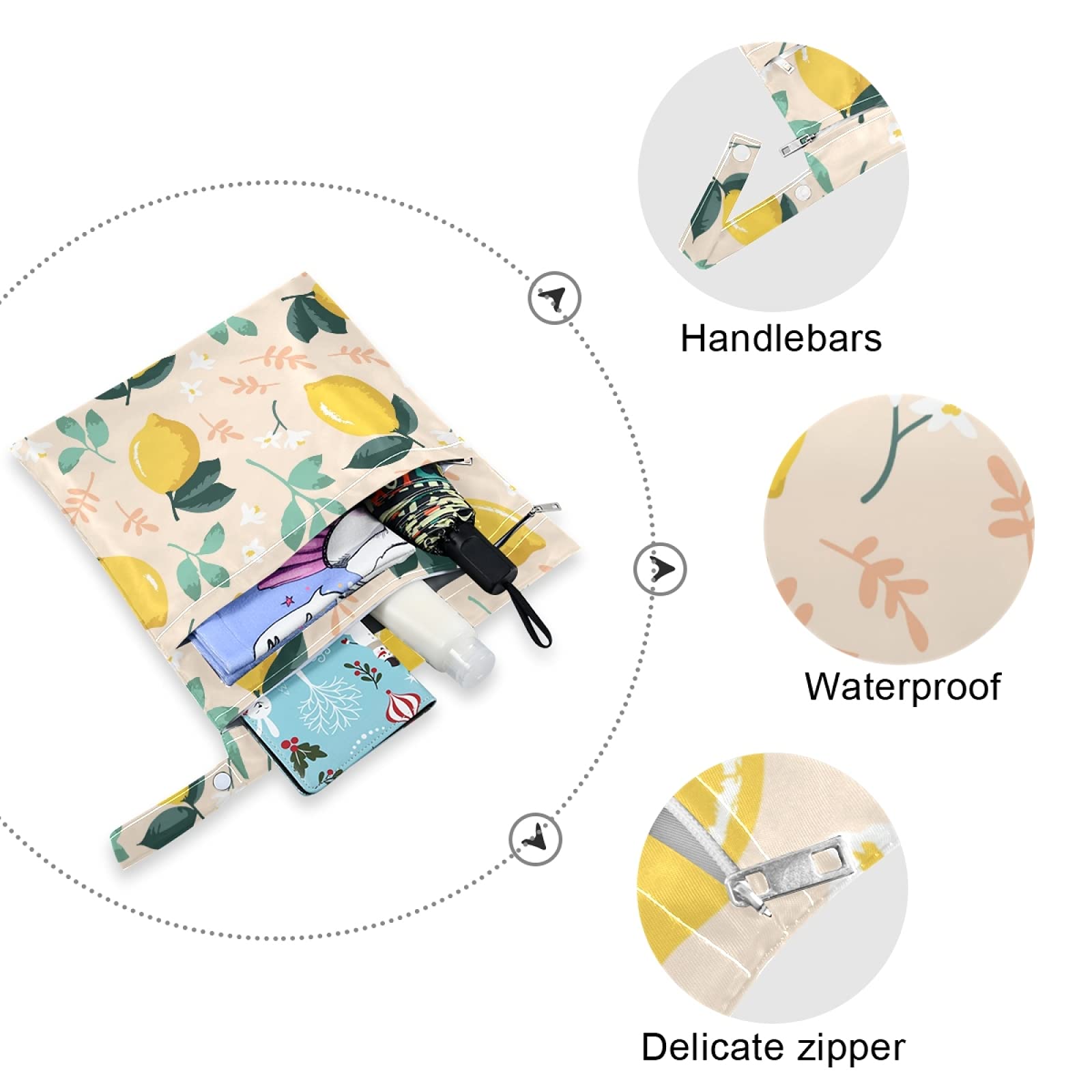 Handmade Watercolor Lemon Print Wet Dry Bag - 2 Pack Waterproof Reusable Diaper Storage & Travel Organizer with Dual Zippers | Perfect for Beach, Swimming, Summer Camp & Baby Essentials