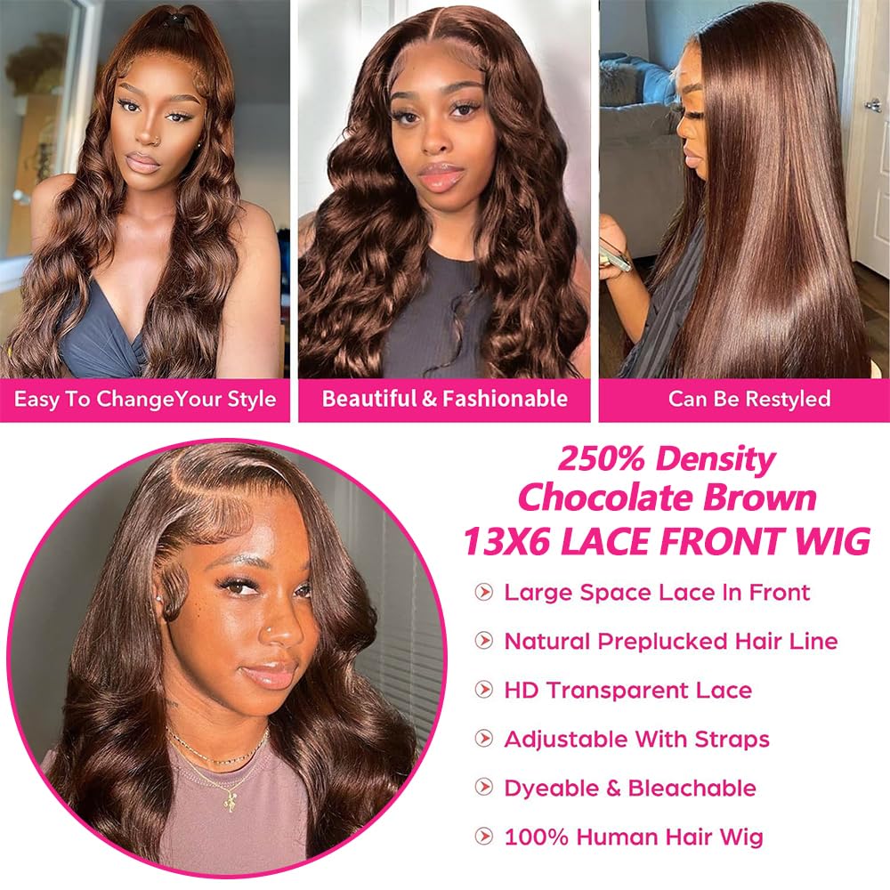 Muokass 250% Density 13x6 HD Full Lace Front Wigs Human Hair - 28 Inch Chocolate Brown Pre-Plucked Body Wave Lace Wig for Women | Natural Look for Daily Wear, Parties & Special Occasions