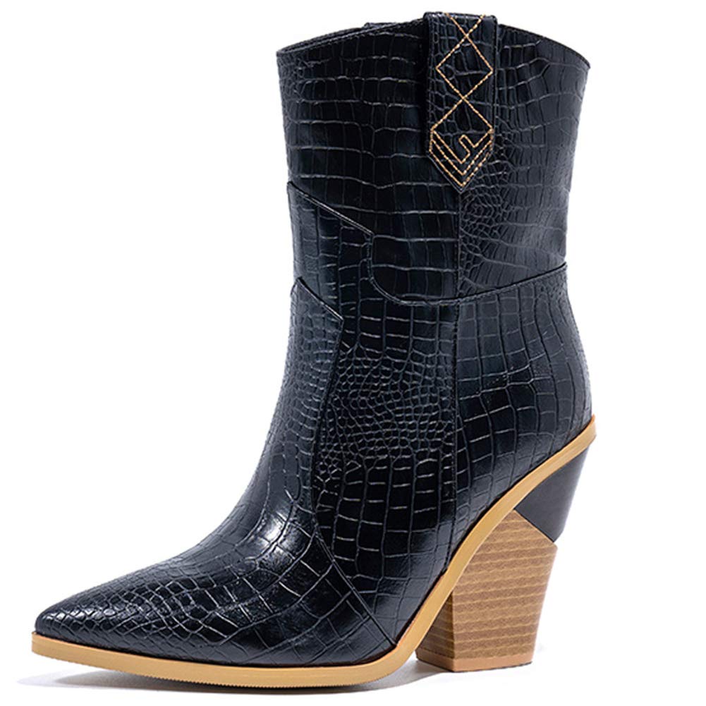 Women's Crocodile Print Ankle Boots - Embossed Pointed Toe Western Cowboy Boots with Chunky Block Heel (Black, Size 33) | Vintage Style for Fall Fashion, Night Out & Country Music Events