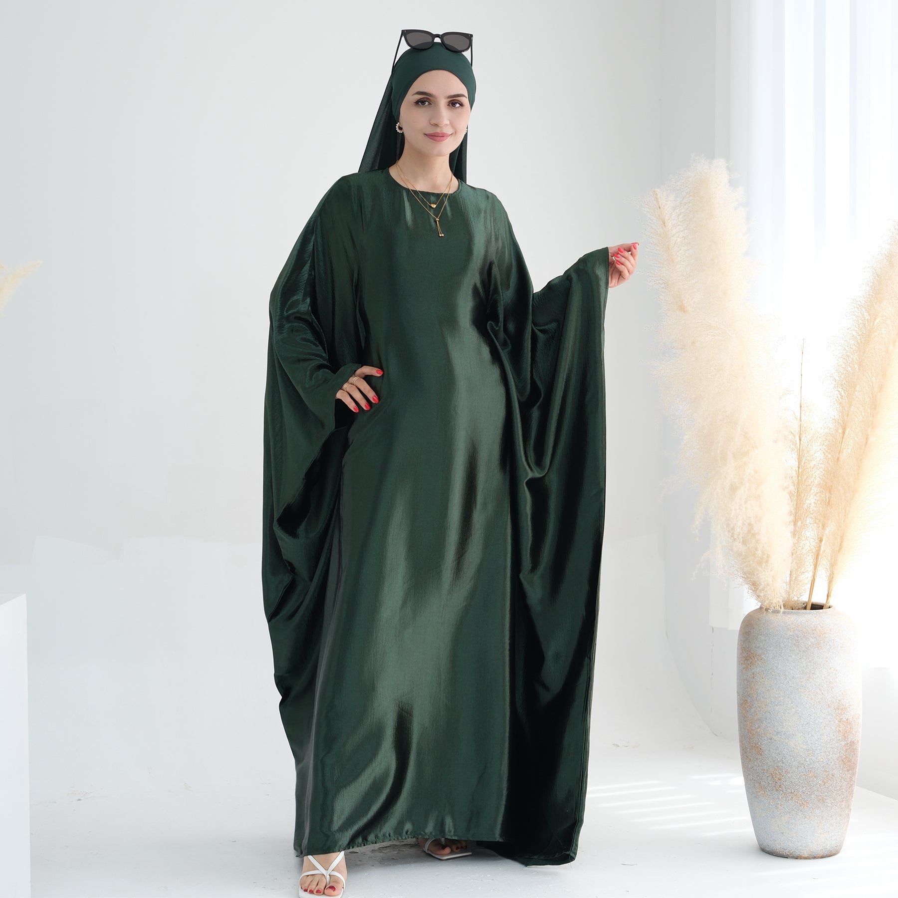 Elegant Alisha Butterfly Satin Abaya Dress for Women - Modest Islamic Prayer Gown - Perfect for Eid, Ramadan, and Special Occasions