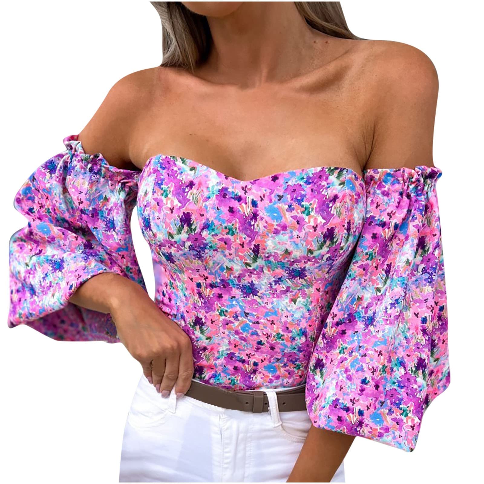 Women's Off Shoulder Ruffle Trim Puff Sleeve Blouse - Floral Print Summer Top for Casual Wear, Date Night & Beach Outfits