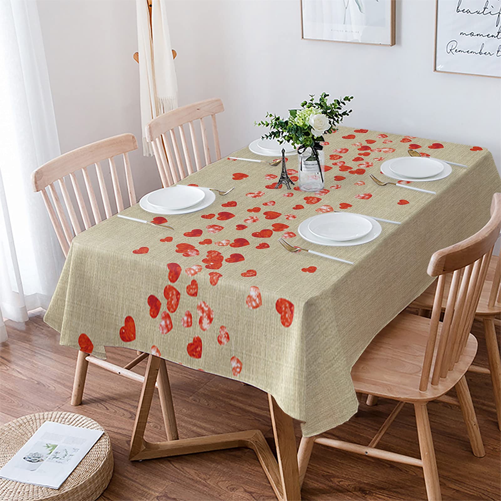 Farmhouse Valentines Tablecloth 60 x 84 Inch - Waterproof Rectangle Table Cover for Kitchen Dining, Outdoor Picnic & Romantic Dinner - Heart Pattern Retro Burlap Decor for Valentine's Day & Anniversary Celebrations