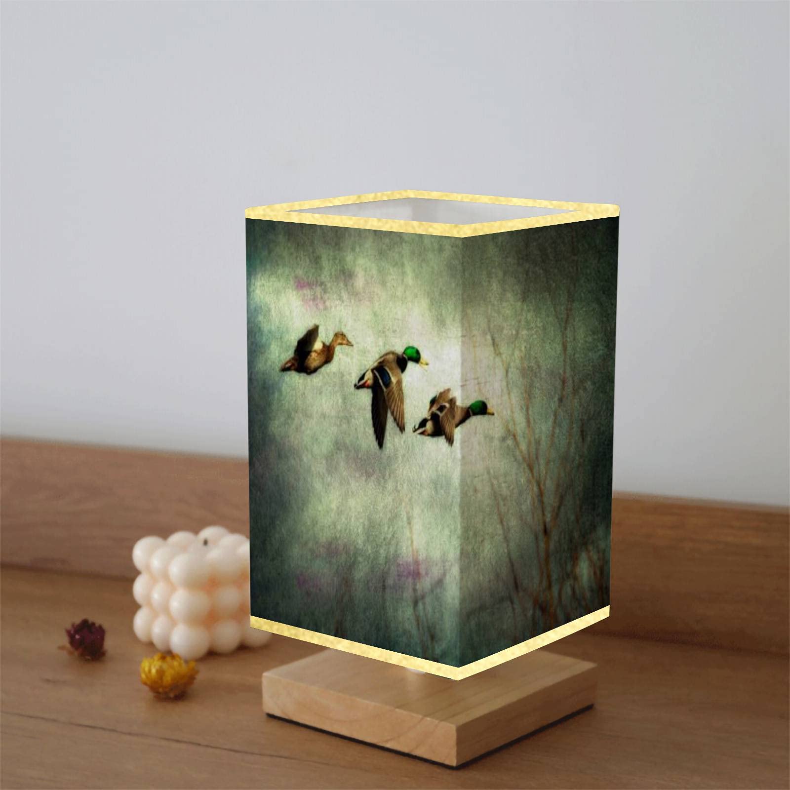 Modern Small Table Desk Lamp with Solid Wood Base & Flaxen Fabric Shade - Bedside Nightstand Lamp Featuring Flight of Mallard Ducks Design for Bedroom, Living Room, Office | Perfect Gift & Cozy Reading Light