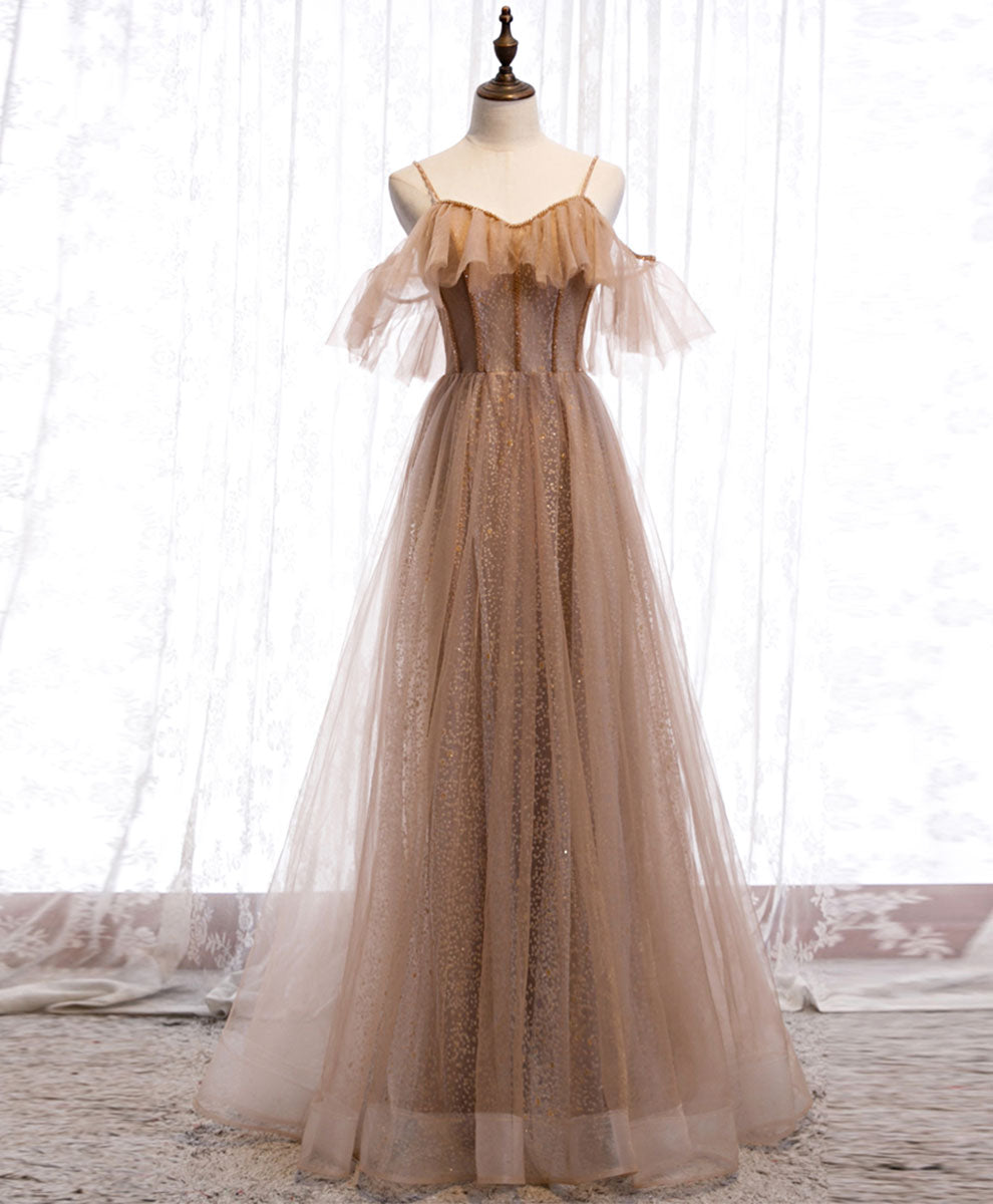 Elegant Champagne Sequin Tulle Long Prom Dress for Evening Gala & Formal Events - Perfect for Homecoming, Wedding, and Special Occasions