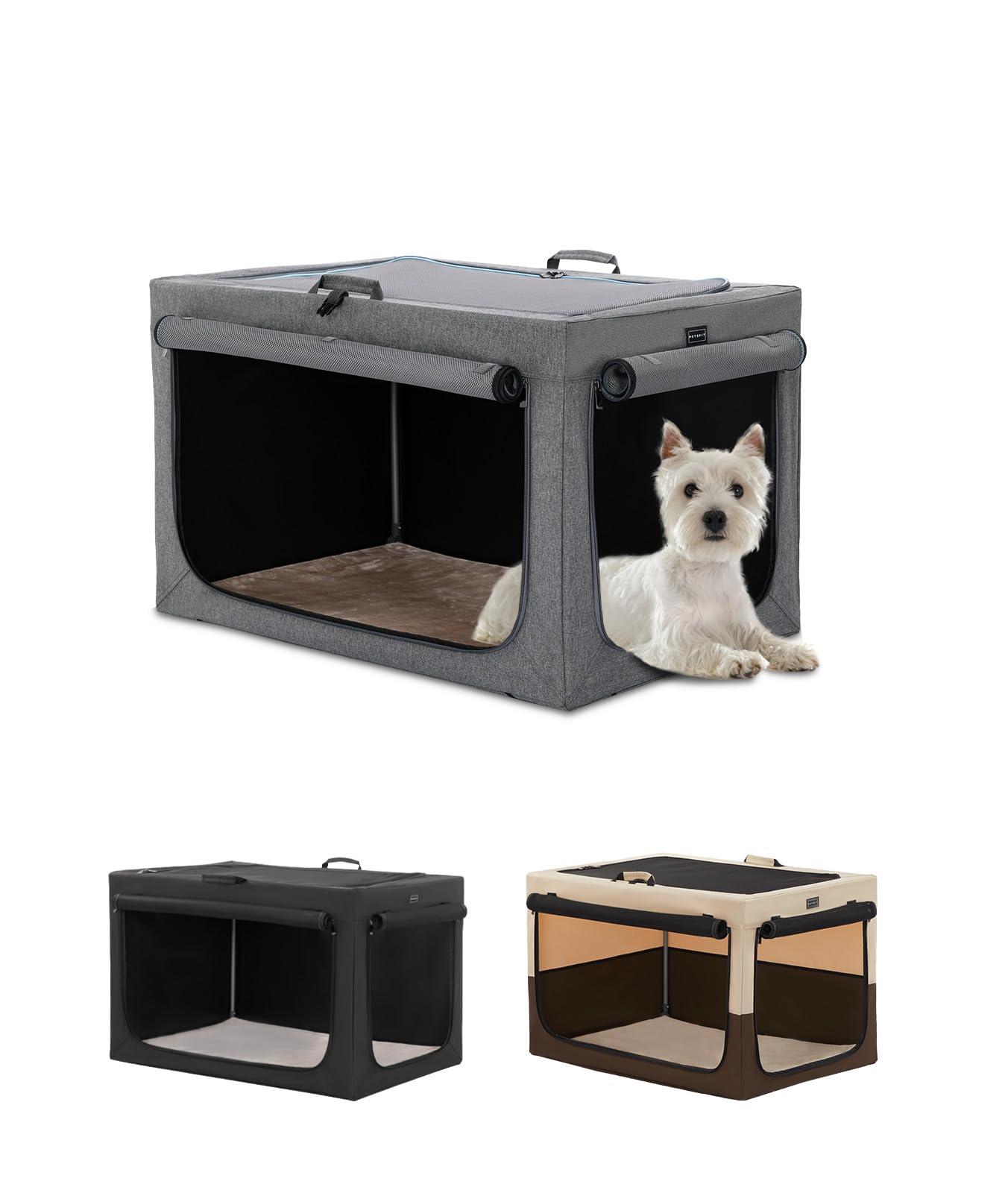 Petsfit Adjustable Soft Dog Crate for Small Dogs - Chew Proof Mesh Windows & Thickened Mat - Portable Indoor & Outdoor Pet Kennel for Travel, Camping, and Home Use - Grey