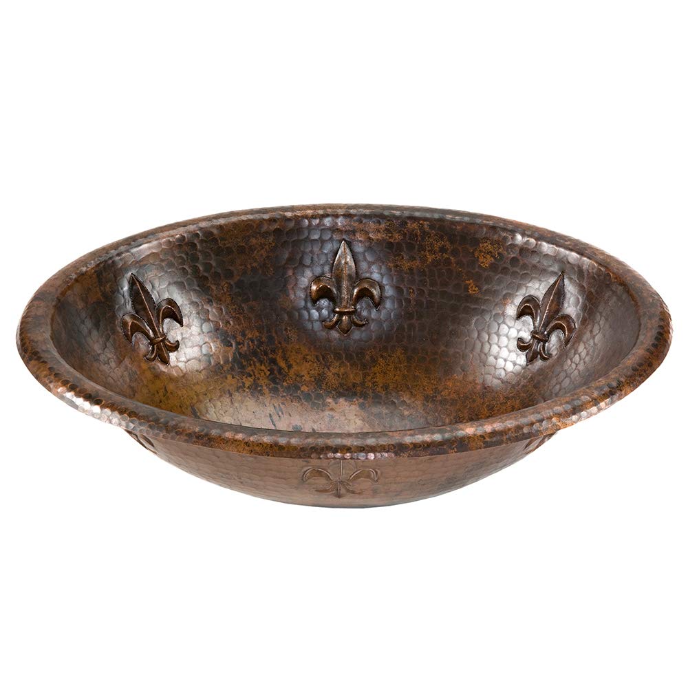 Premier Copper Products LO19RFLDB 19-Inch Oval Fleur De Lis Hammered Copper Sink with Oil Rubbed Bronze Finish - Perfect for Farmhouse, Rustic Kitchen & Bathroom Decor