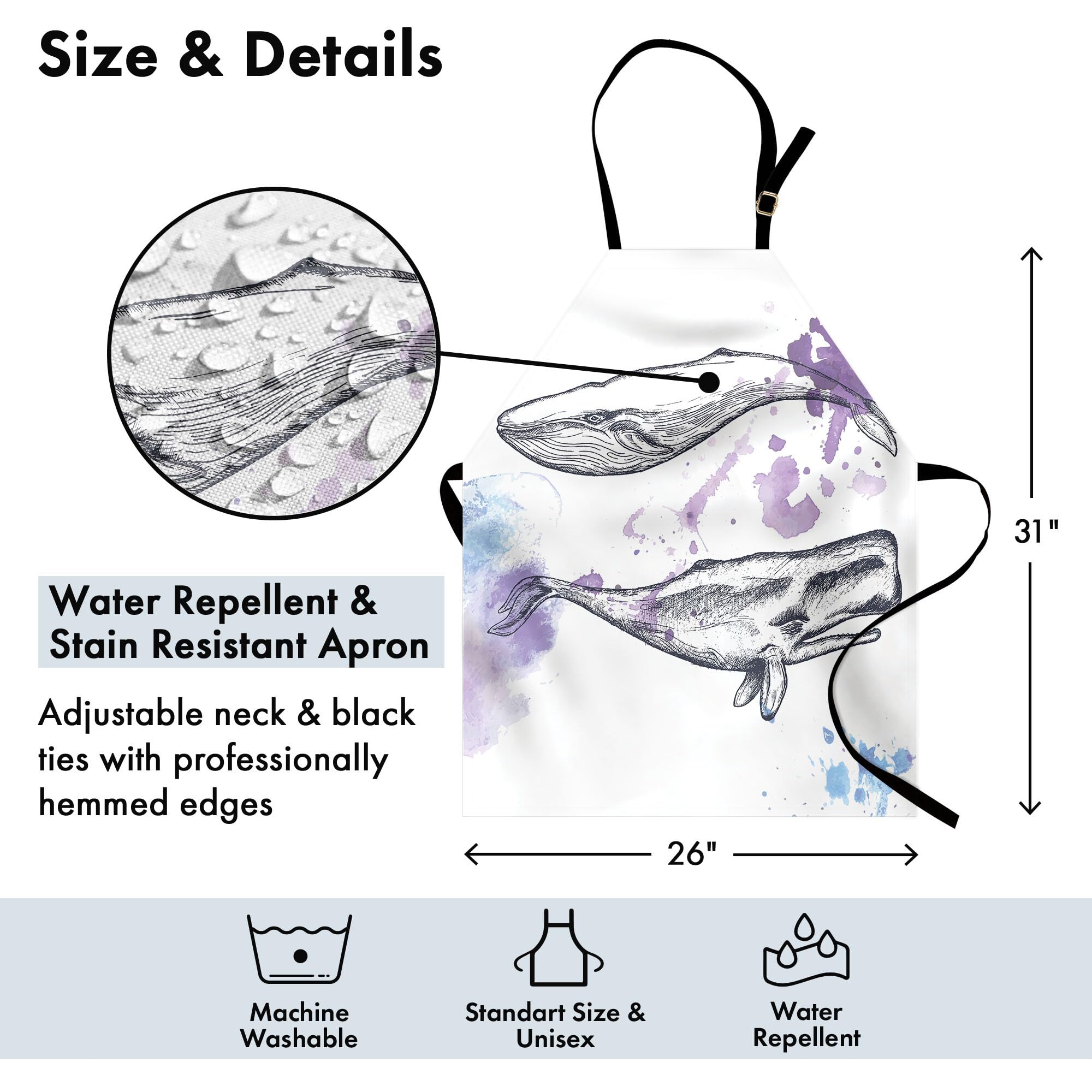 Ambesonne Whale Apron - Unisex Adjustable Kitchen Bib for Cooking, Baking, Gardening - Grunge Ocean Mammals Design with Paintbrush Effects - Lavender Grey Blue - Perfect for Home Chefs, BBQ Parties & Artistic Cooking Gifts