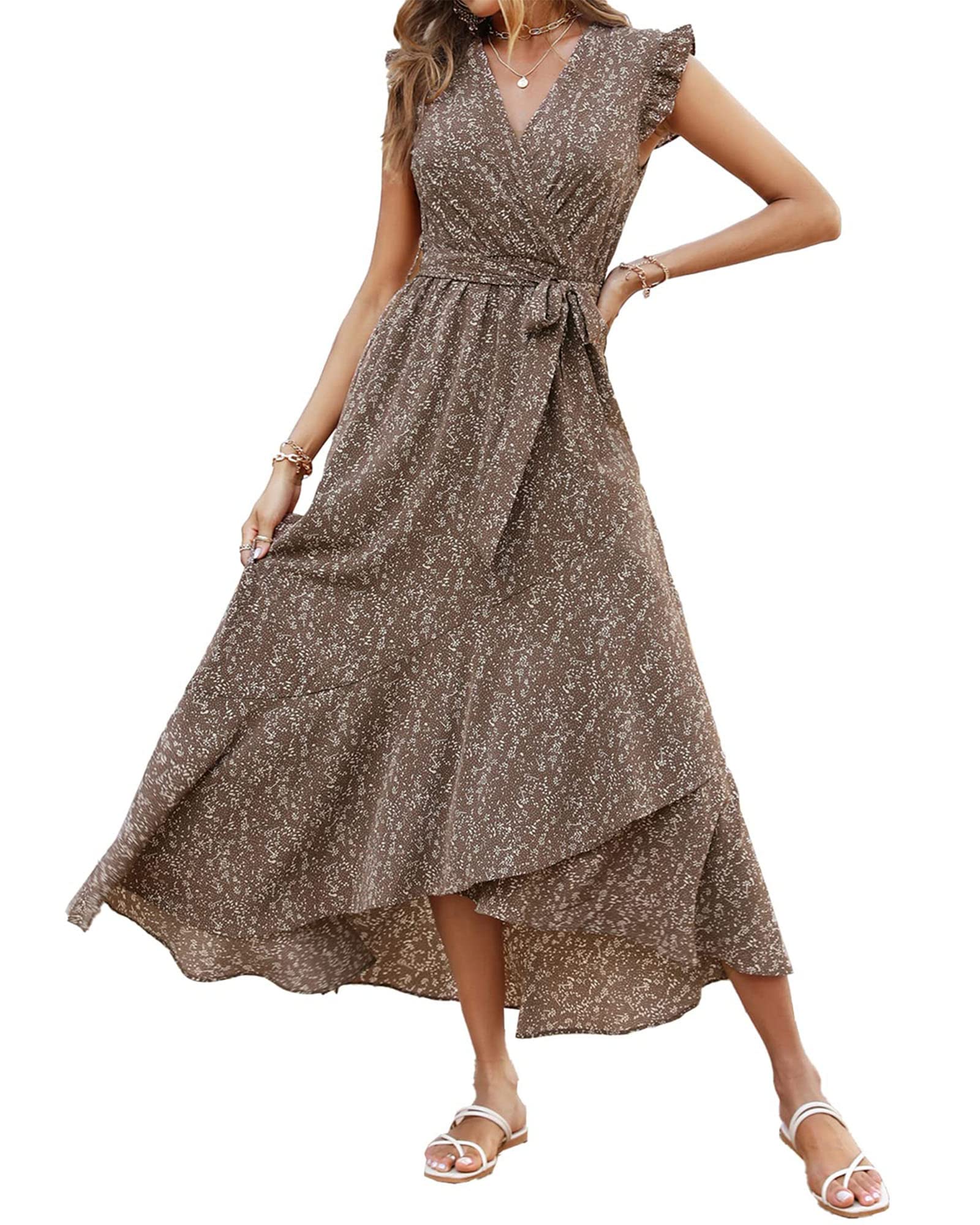 BTFBM Women's Floral Maxi Dress 2025 - V-Neck Ruffle Sleeve Wrap Dress with Belt for Spring/Summer Vacations, Beach Weddings & Guest Occasions | Perfect for Outdoor Parties, Bridal Showers & Resort Wear