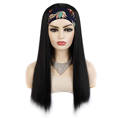 Headband Wig for Black Women - Natural Full Head Black Front Lace Long Straight Hair Hand-Woven Wig Set | Perfect for Daily Wear, Cosplay & Special Occasions