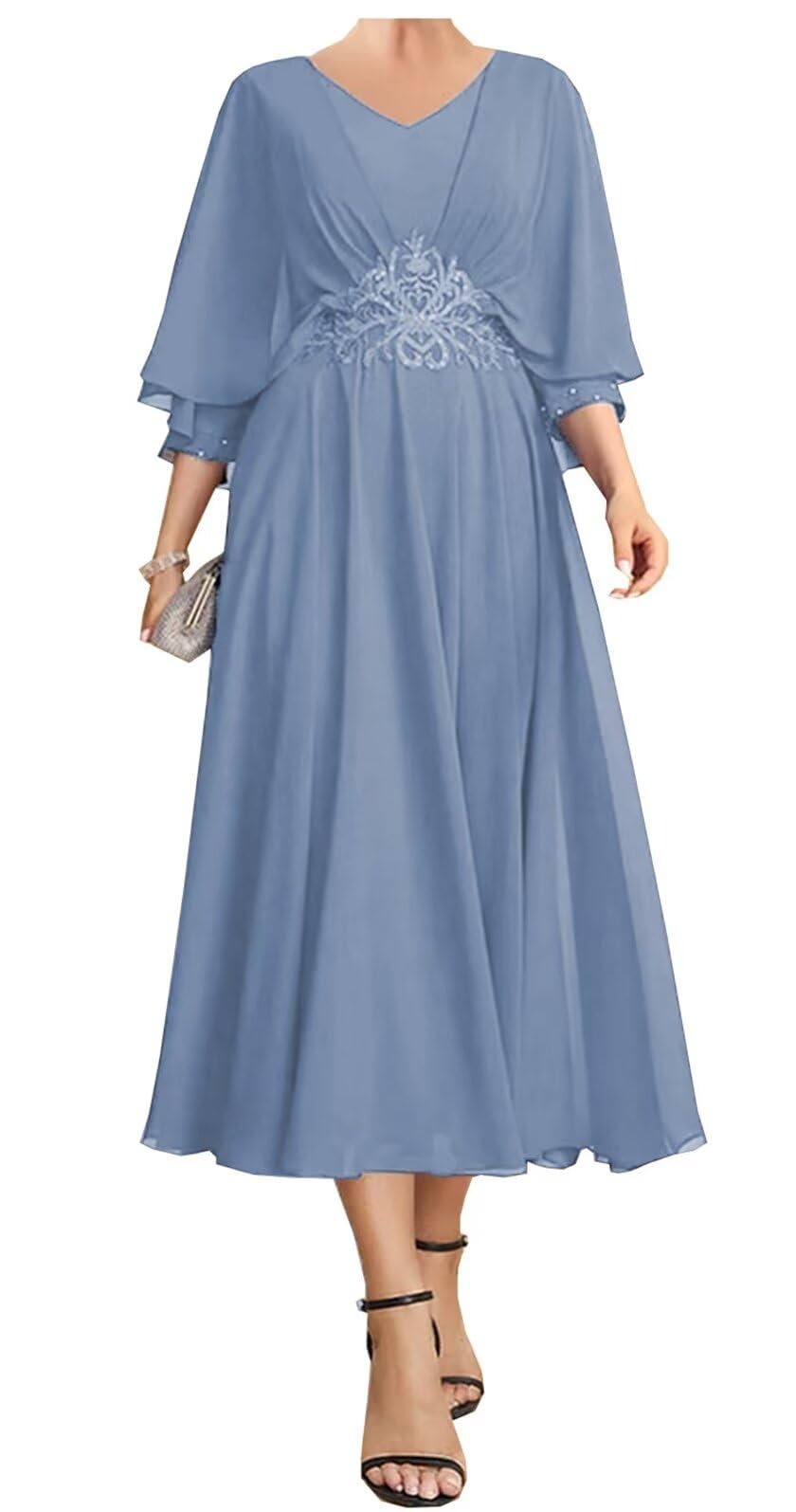 Elegant Tea-Length Mother of the Bride Dress with Sleeves | Plus Size Wedding Guest Gown for Mother of Groom | Perfect for Church Ceremonies, Garden Weddings & Formal Occasions