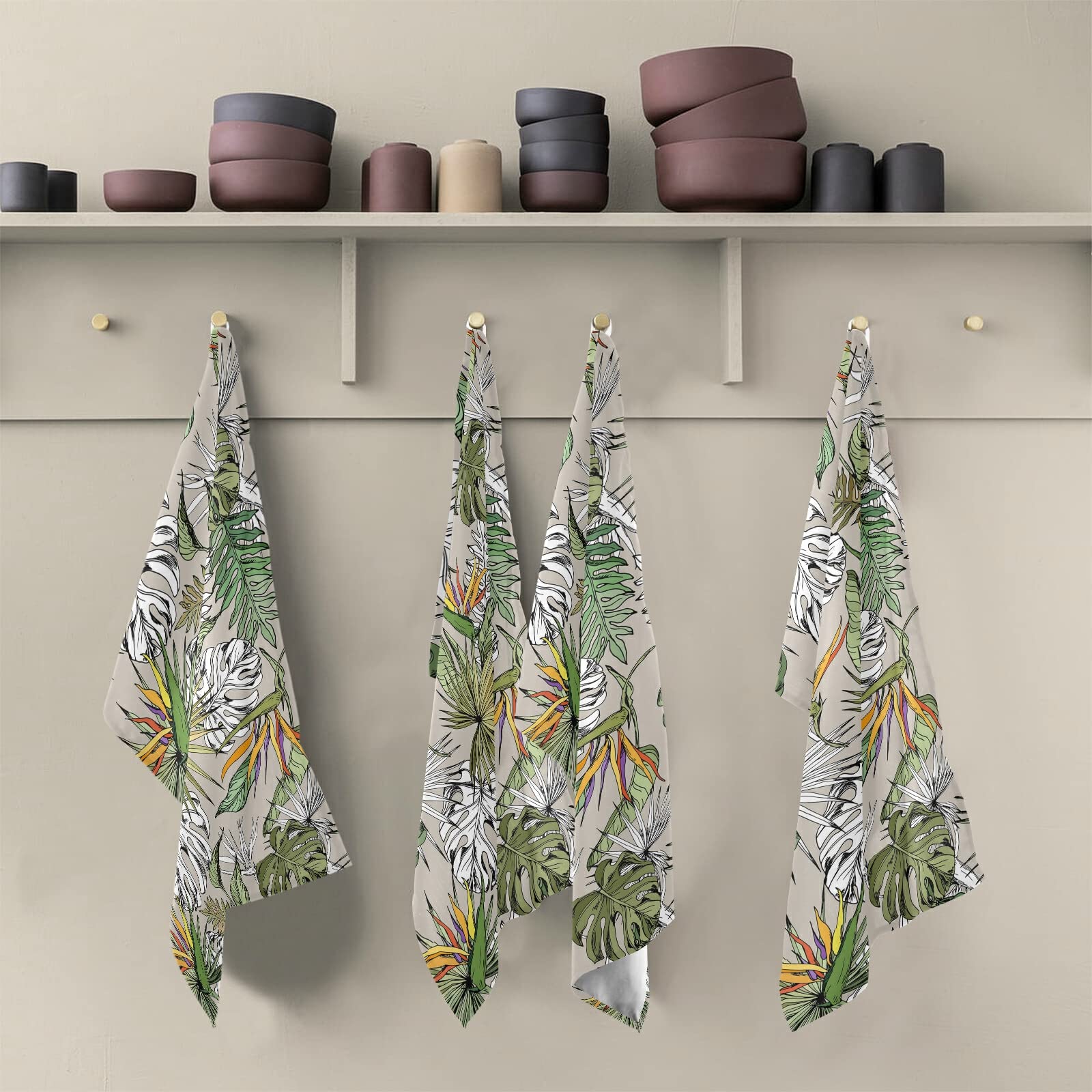 Tropical Leaves & Exotic Flowers Kitchen Dish Towels Set of 6 - Premium Polyester Waffle Weave Dishcloths, Napkins & Tea Towels with Hanging Loop for Kitchen, Dining & Bar Use