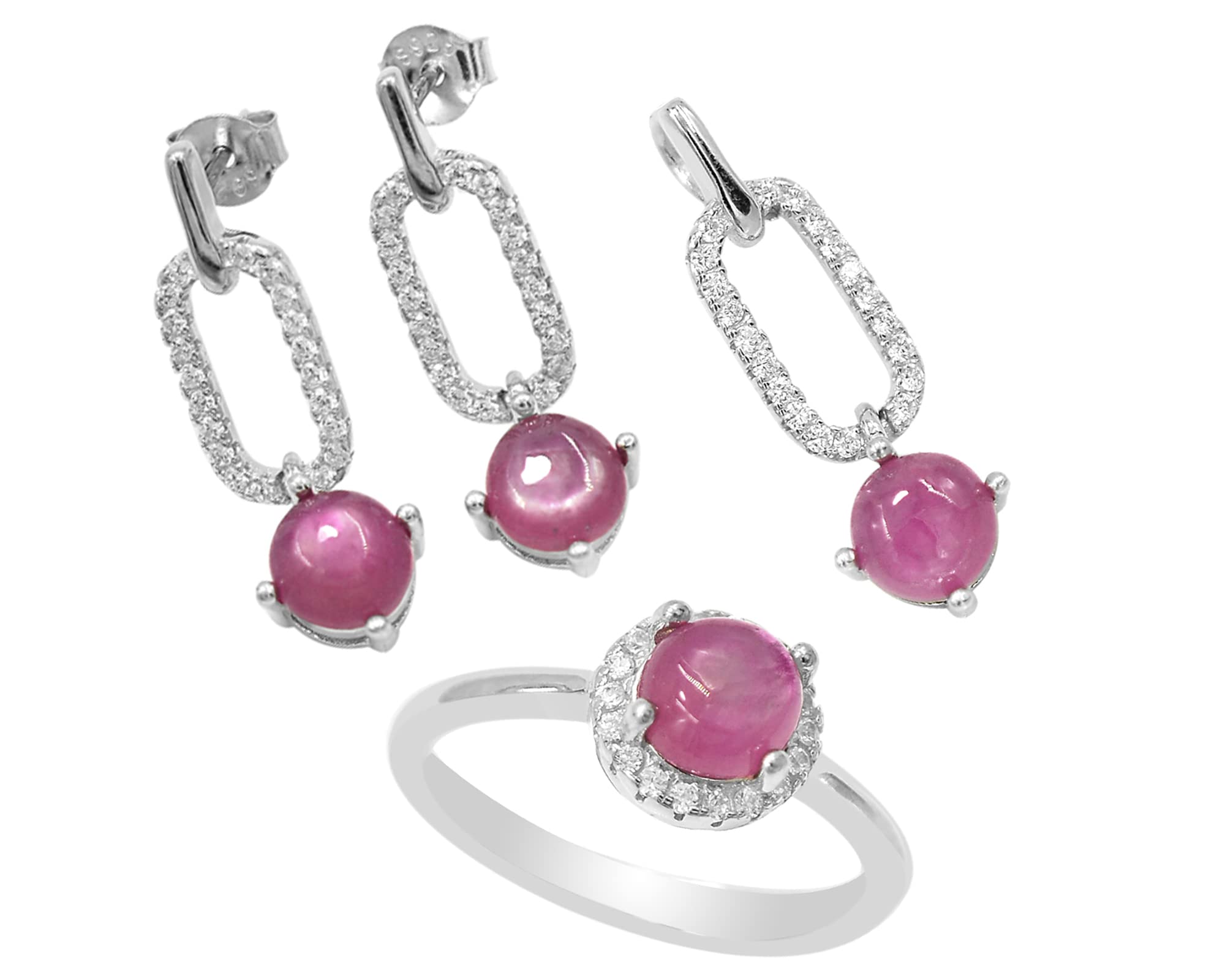 Natural Red Ruby Jewelry Set for Women - July Birthstone Cabochon Ring, Earrings & Pendant in 925 Sterling Silver | Elegant Birthday Gift for Wife, Anniversary Present, Special Occasion Jewelry