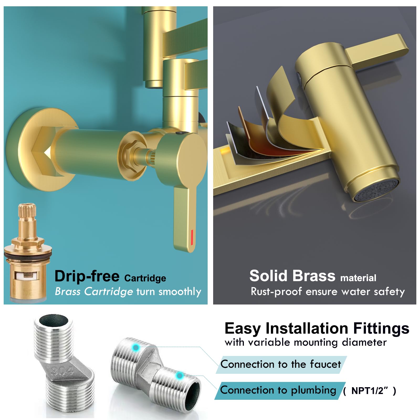 2 Hole Pot Filler Faucet - Hot & Cold Wall Mount Brass Folding Faucet with 3 Handles, 19