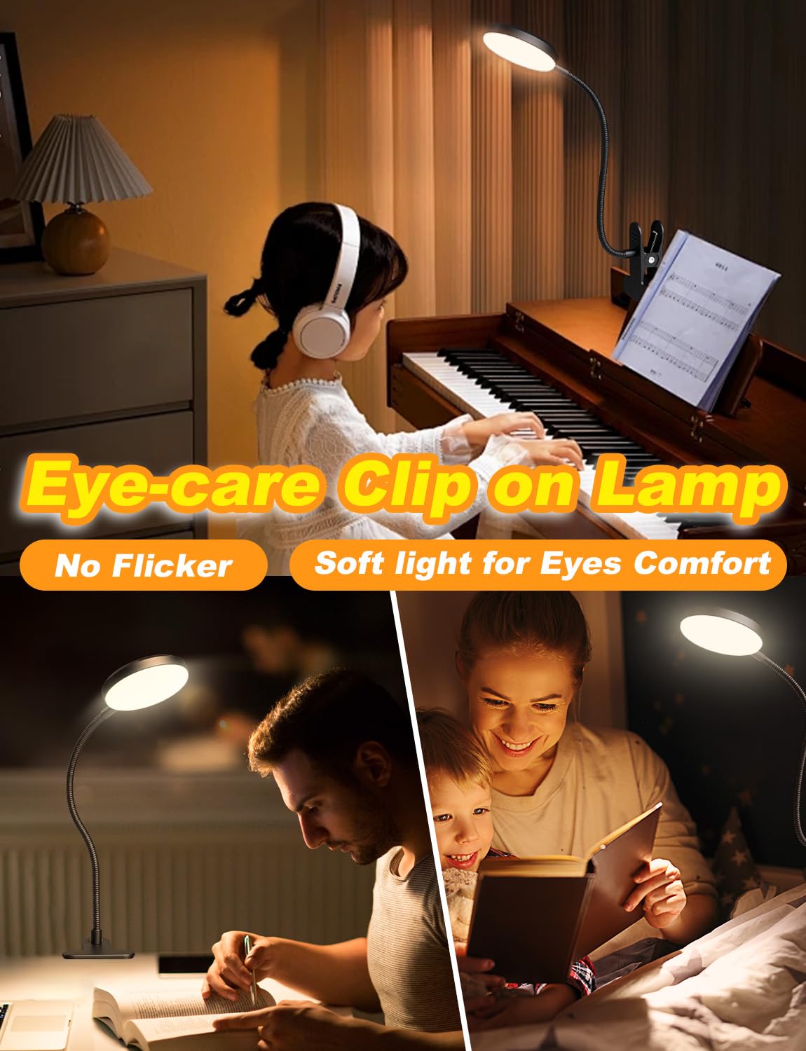 2-in-1 Clamp Desk Lamp with 10W Adjustable Gooseneck - RGB Color Changing & Warm White LED Light for Reading, Studying, Night Light - Perfect for Bed Headboard, Computer Desk, Office and Dorm Room (Black)