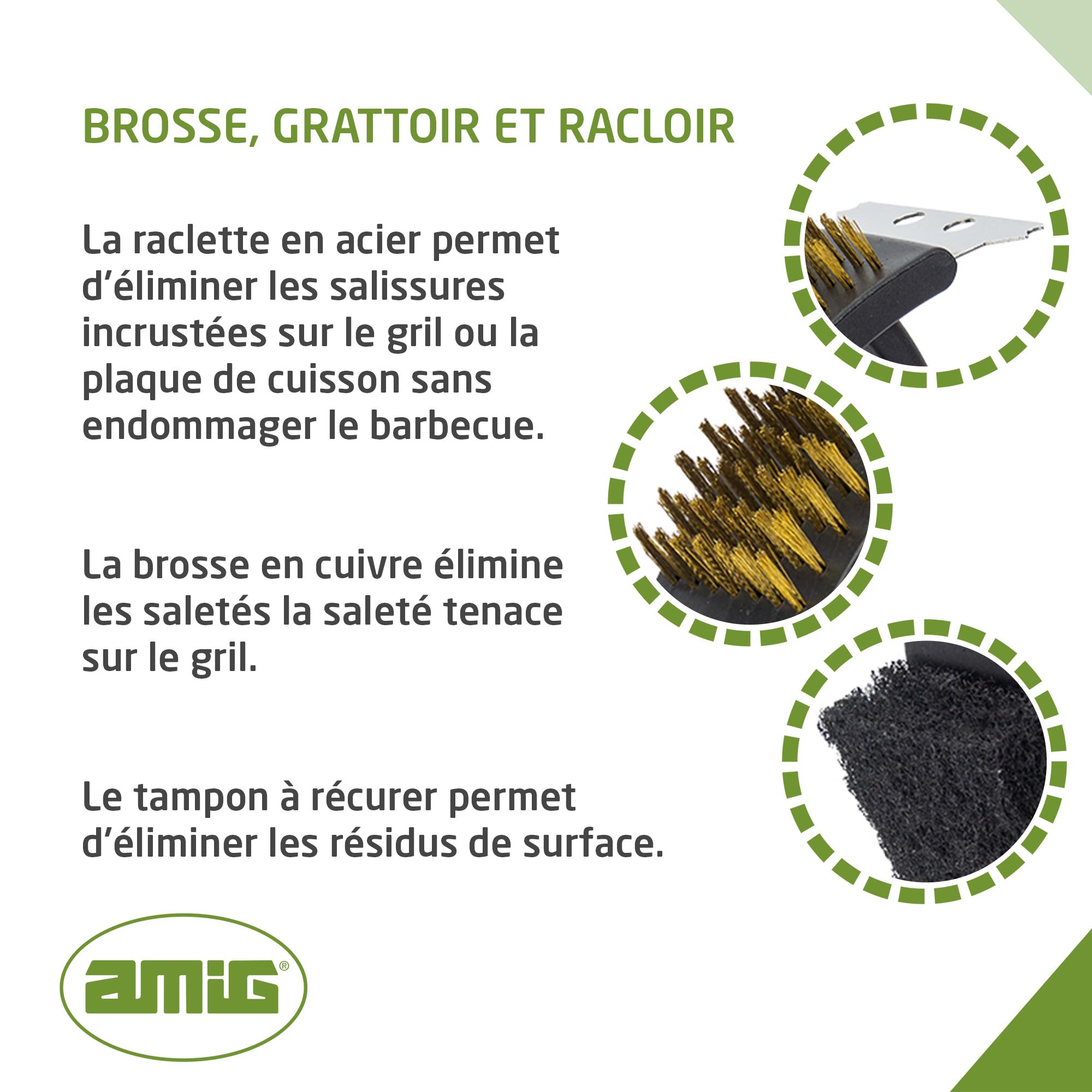 Amig 3-in-1 BBQ Grill Cleaning Brush with Scraper & Scourer - Heavy Duty Stainless Steel Bristles for Charcoal, Gas & Electric Grills - Perfect for Outdoor Cooking, Backyard BBQs & Camping (16.5x11.5x7cm)